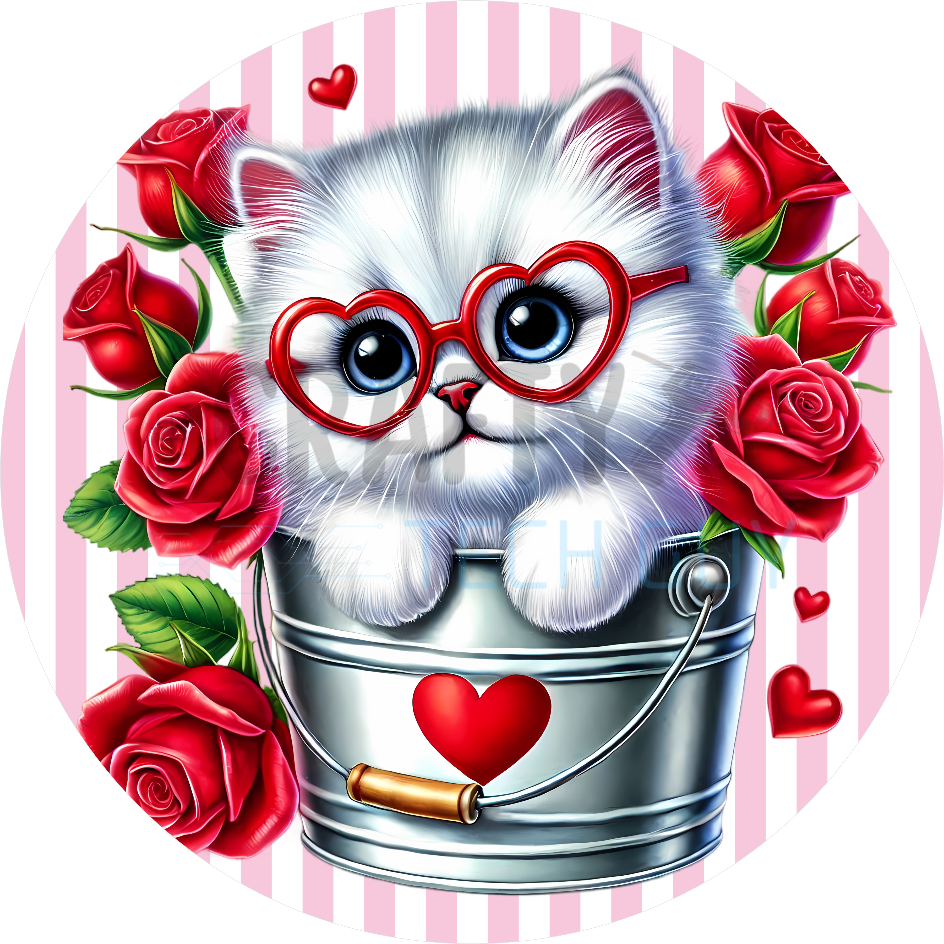 Valentine Kitten Design | Adorable White Cat with Heart Glasses in Metal Pail with Red Roses and Pink Stripes for Cute Valentine Décor