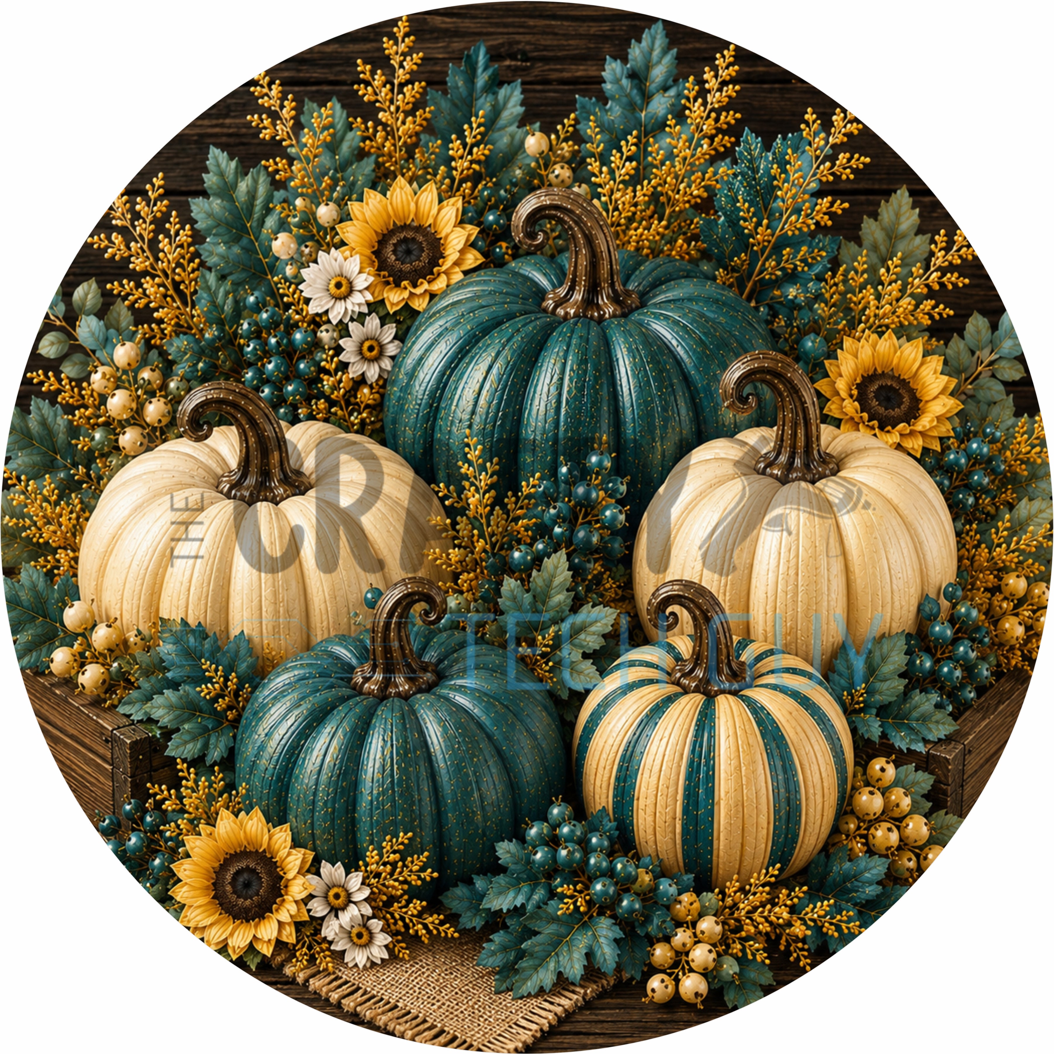 Teal Pumpkin & Sunflower Round Wreath Sign