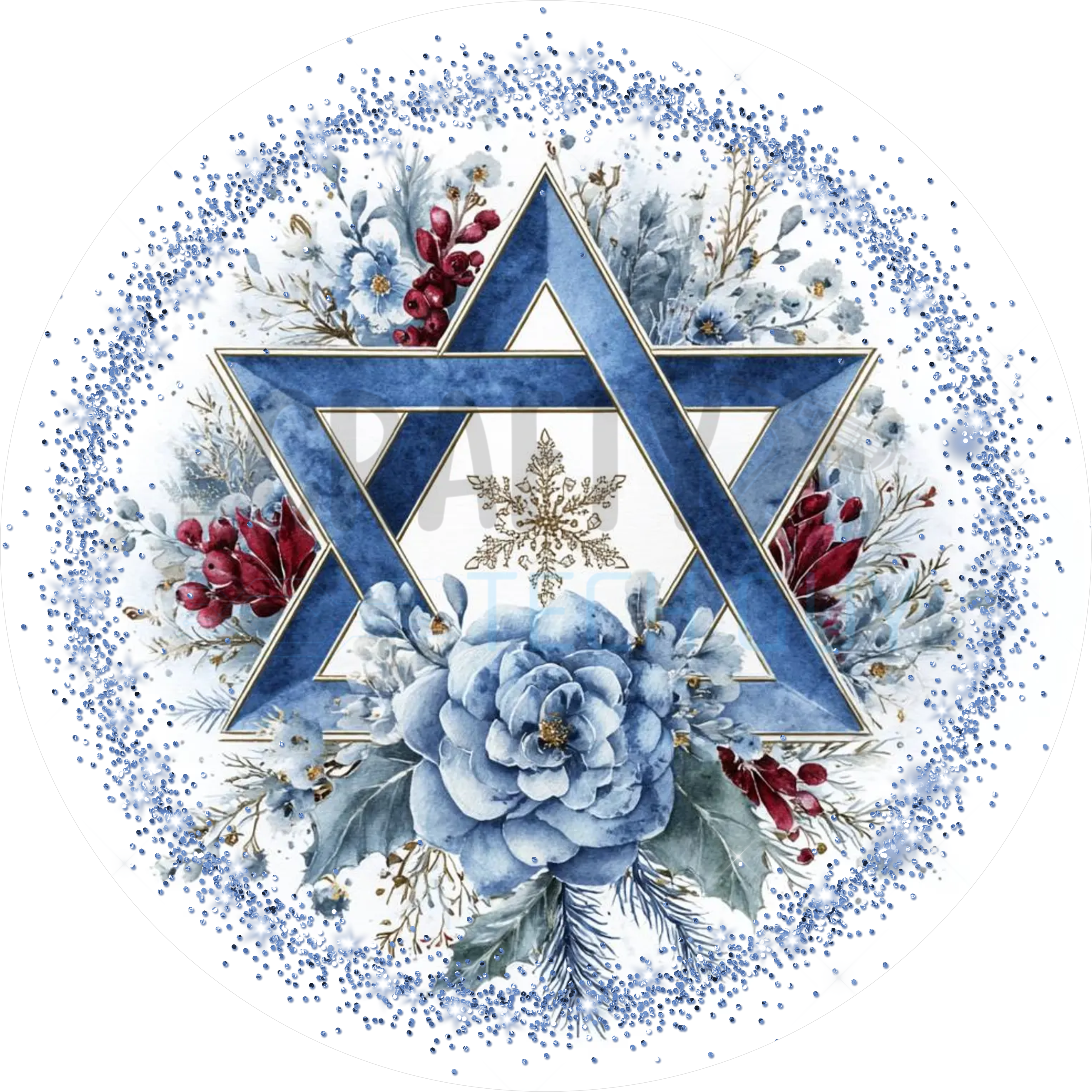 Star of David Hanukkah Sign with Blue Floral Arrangement, Gold Snowflake Accent, and Elegant Watercolor Winter Design