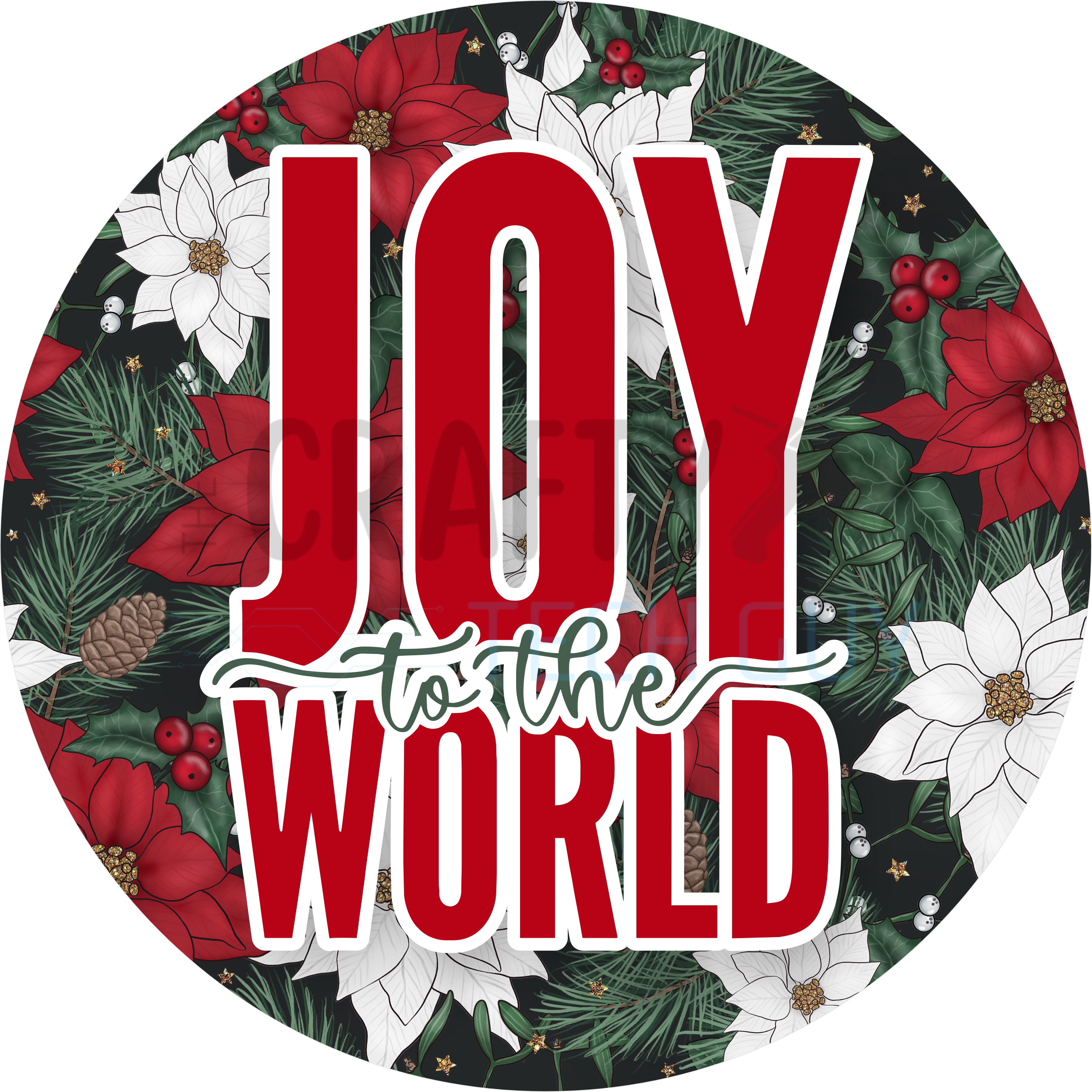 Joy to the World Christmas Design | Red and White Poinsettias with Greenery and Pinecones | Elegant Holiday Décor for Festive Homes