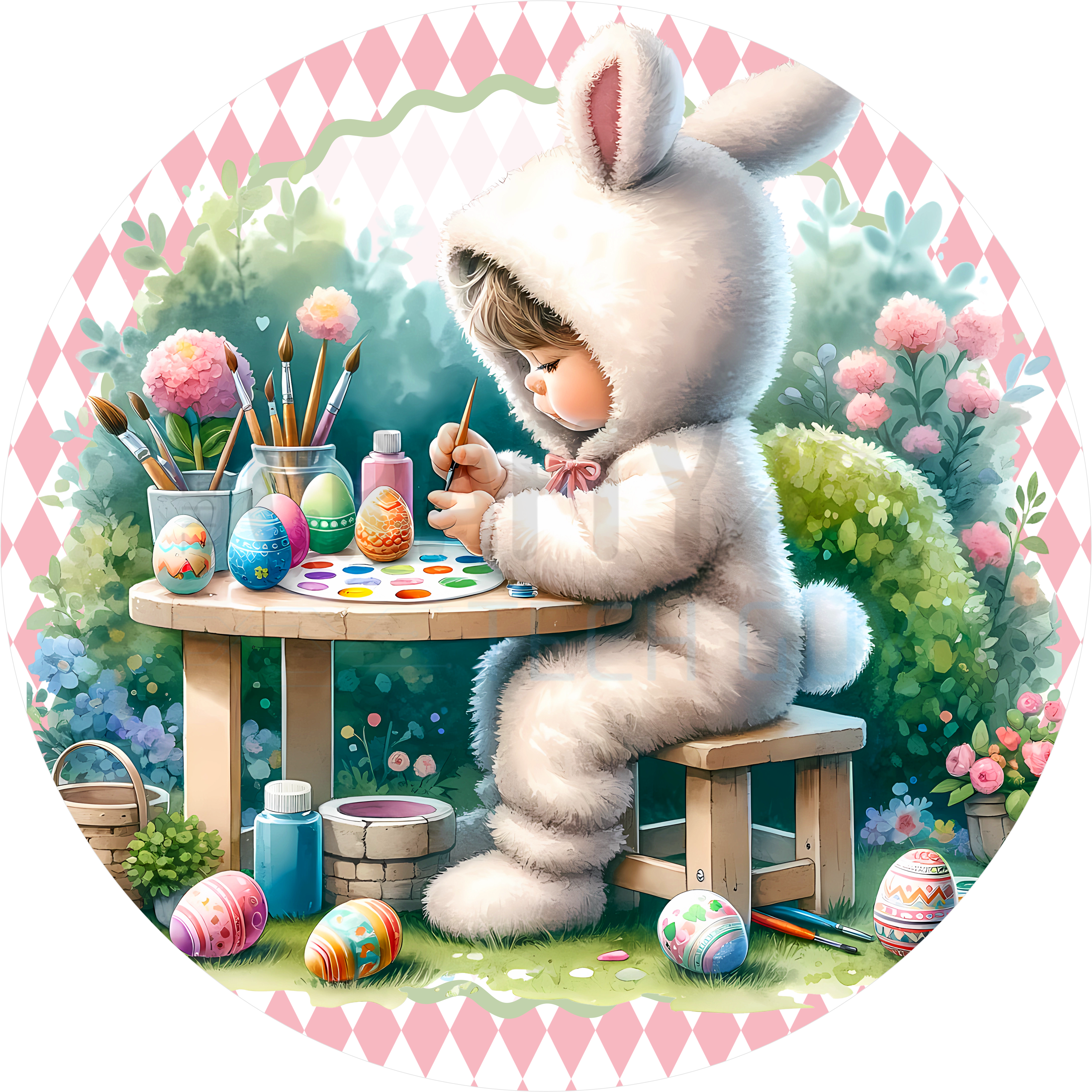 Little Bunny Painter Round Sign – Easter Egg Decorating