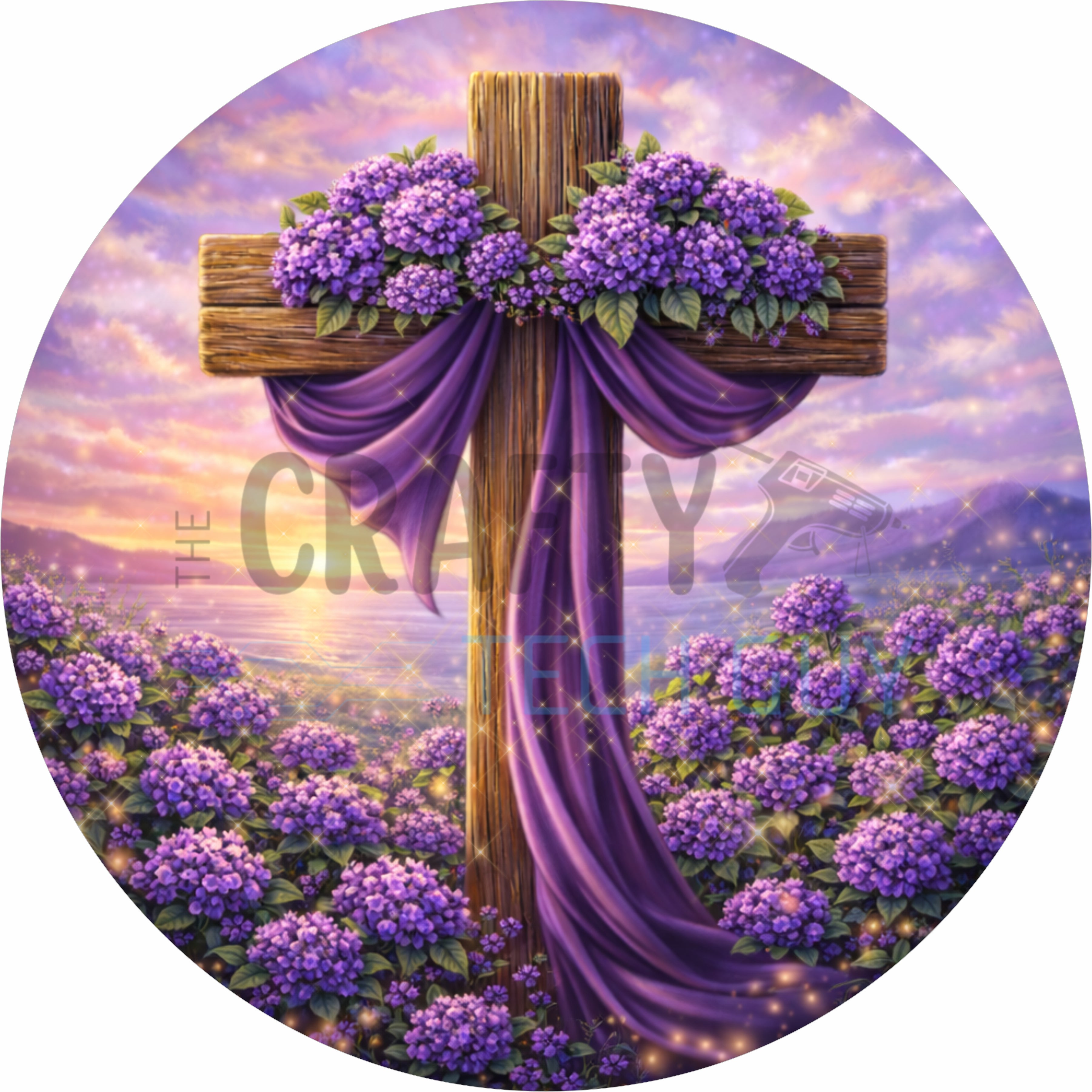 Easter Cross with Purple Flowers Round Wreath Sign