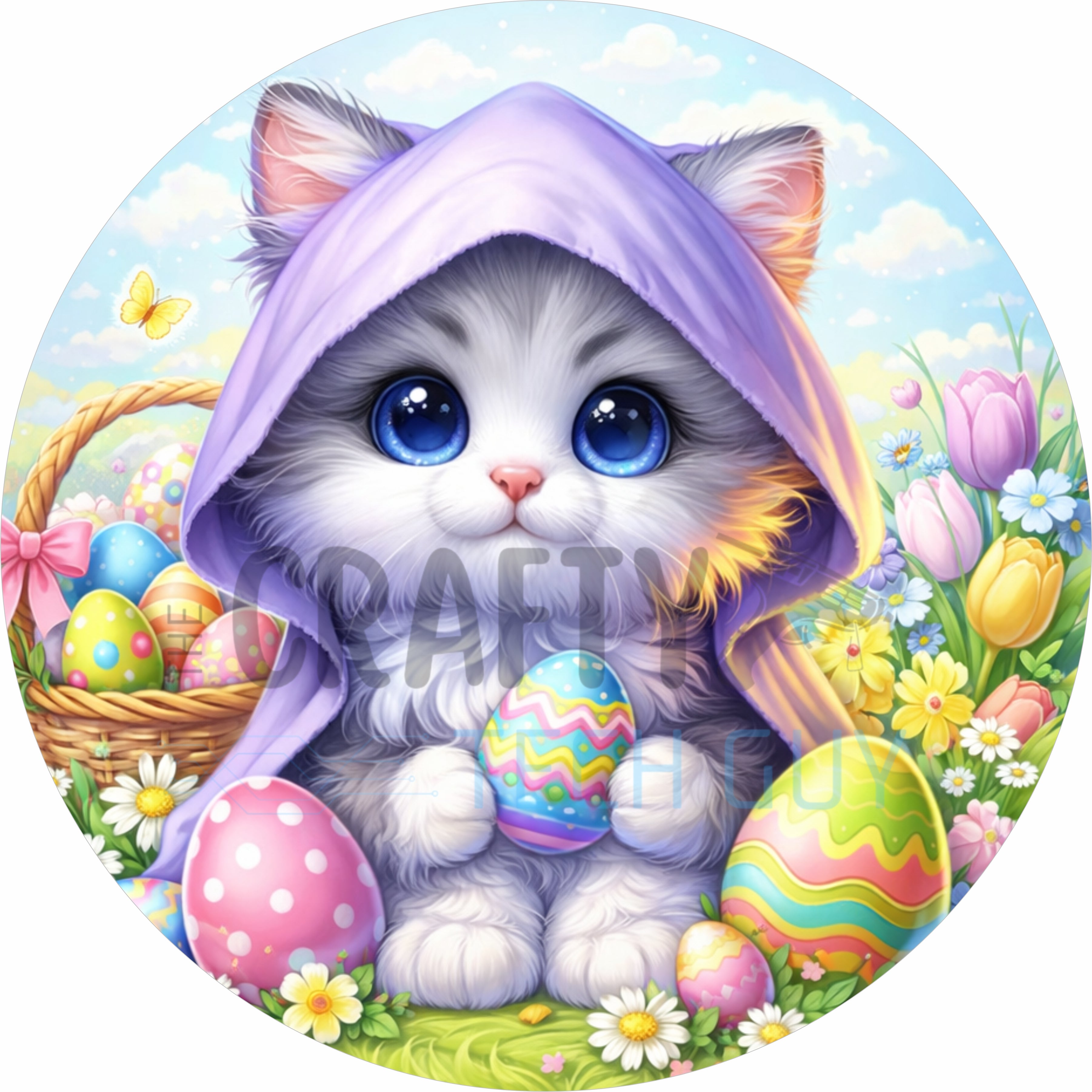 Cute Easter Kitten with Eggs Round Wreath Sign