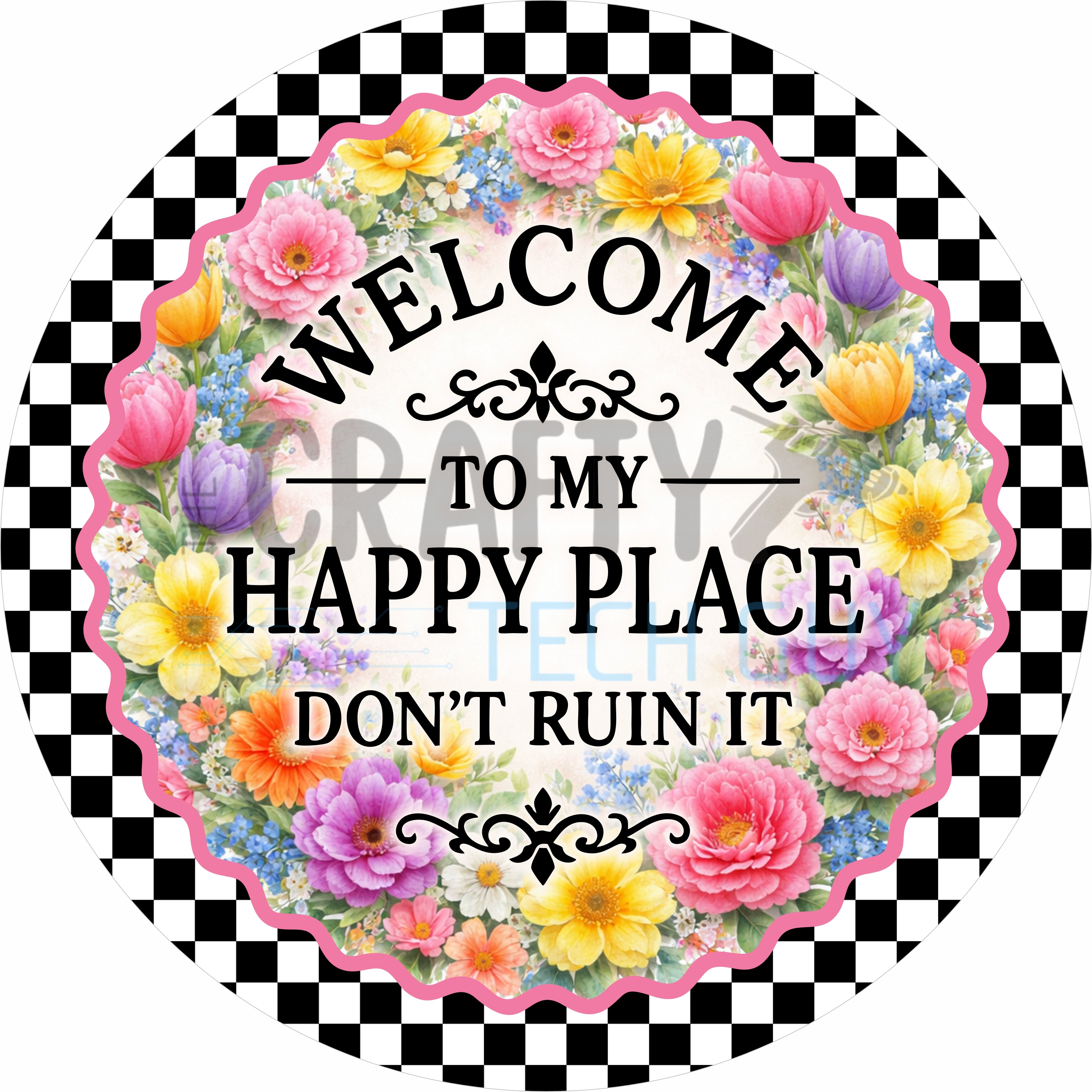Welcome to My Happy Place Floral Round Wreath Sign