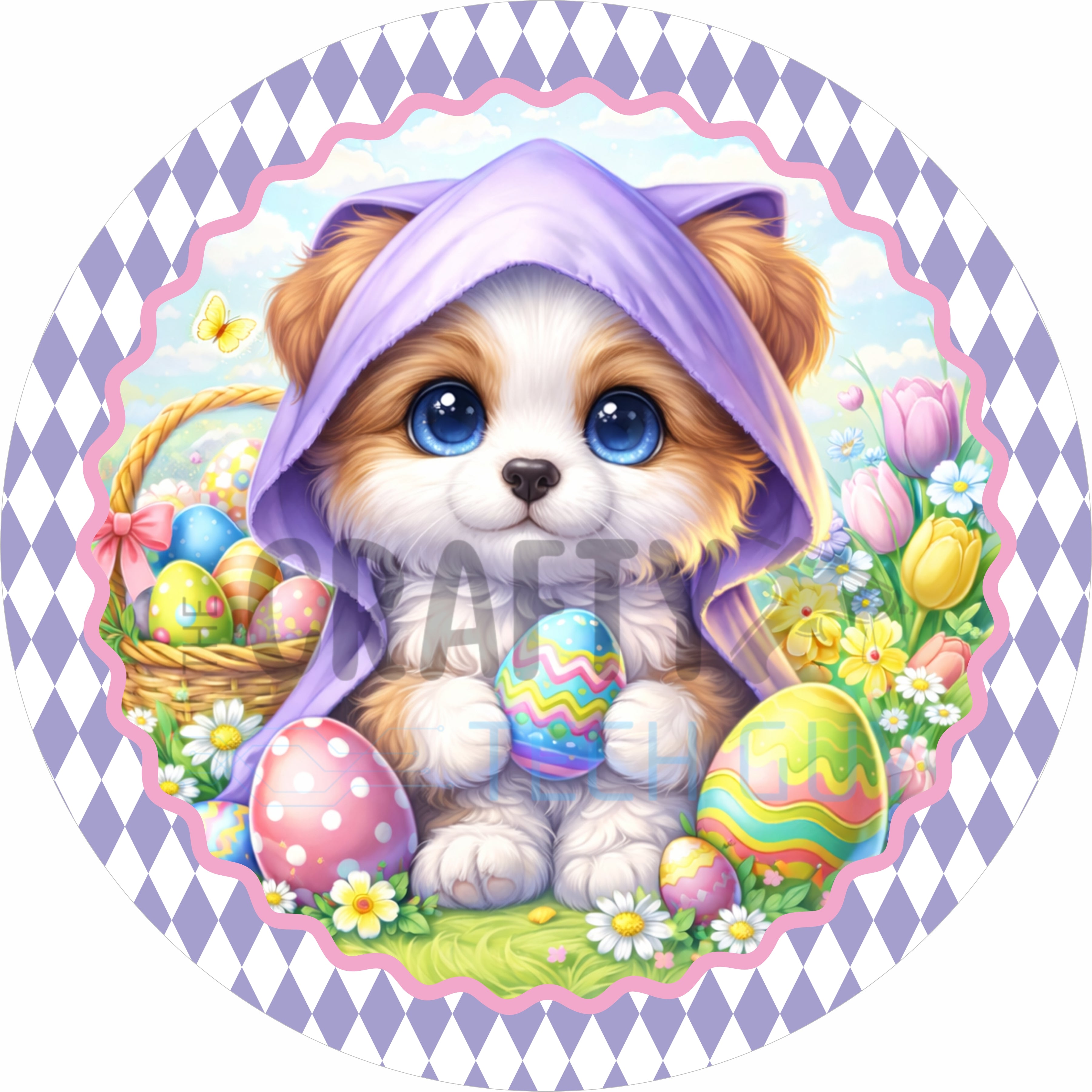 Cute Easter Puppy with Eggs Round Wreath Sign