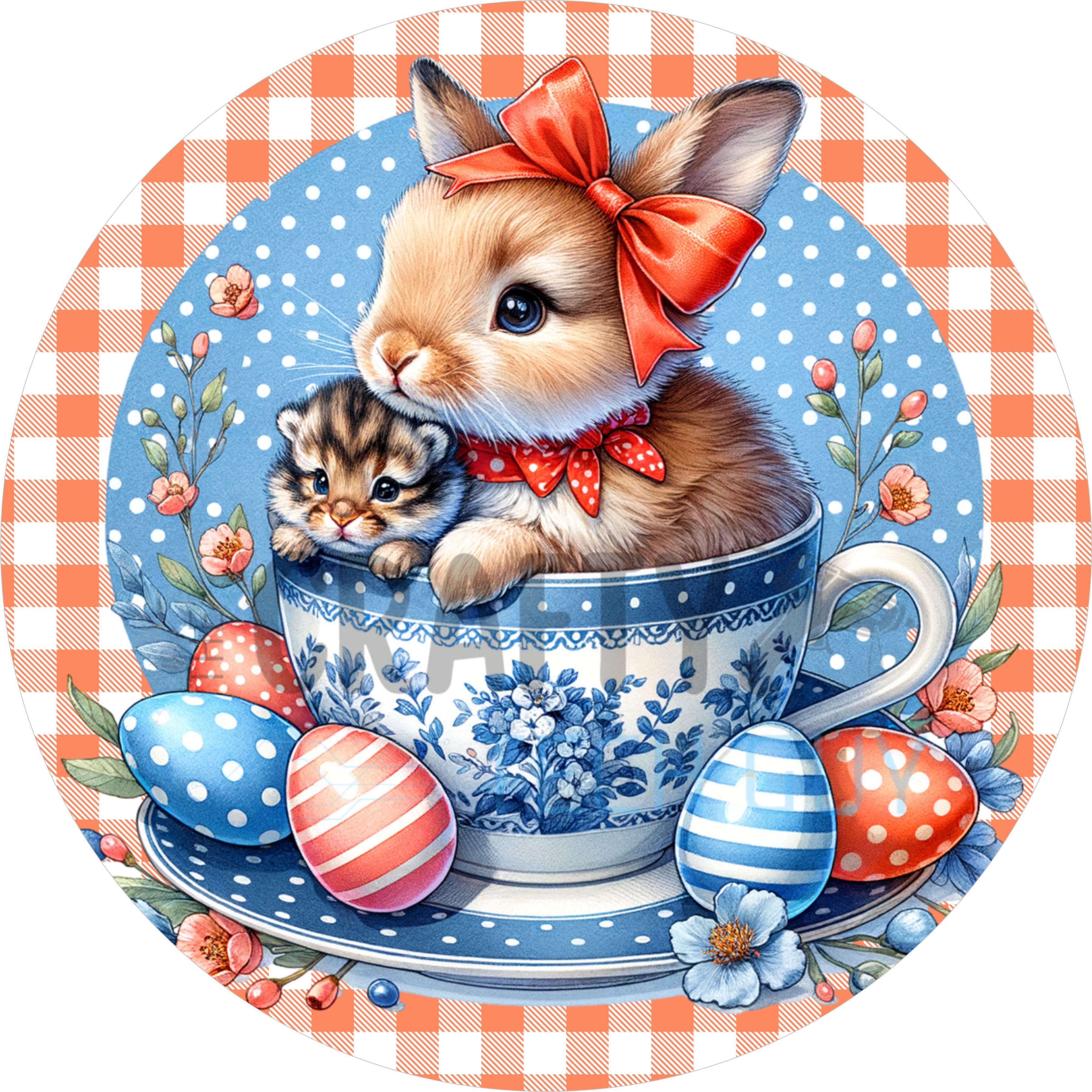 Cute Bunny and Kitten Teacup Easter Round Wreath Sign
