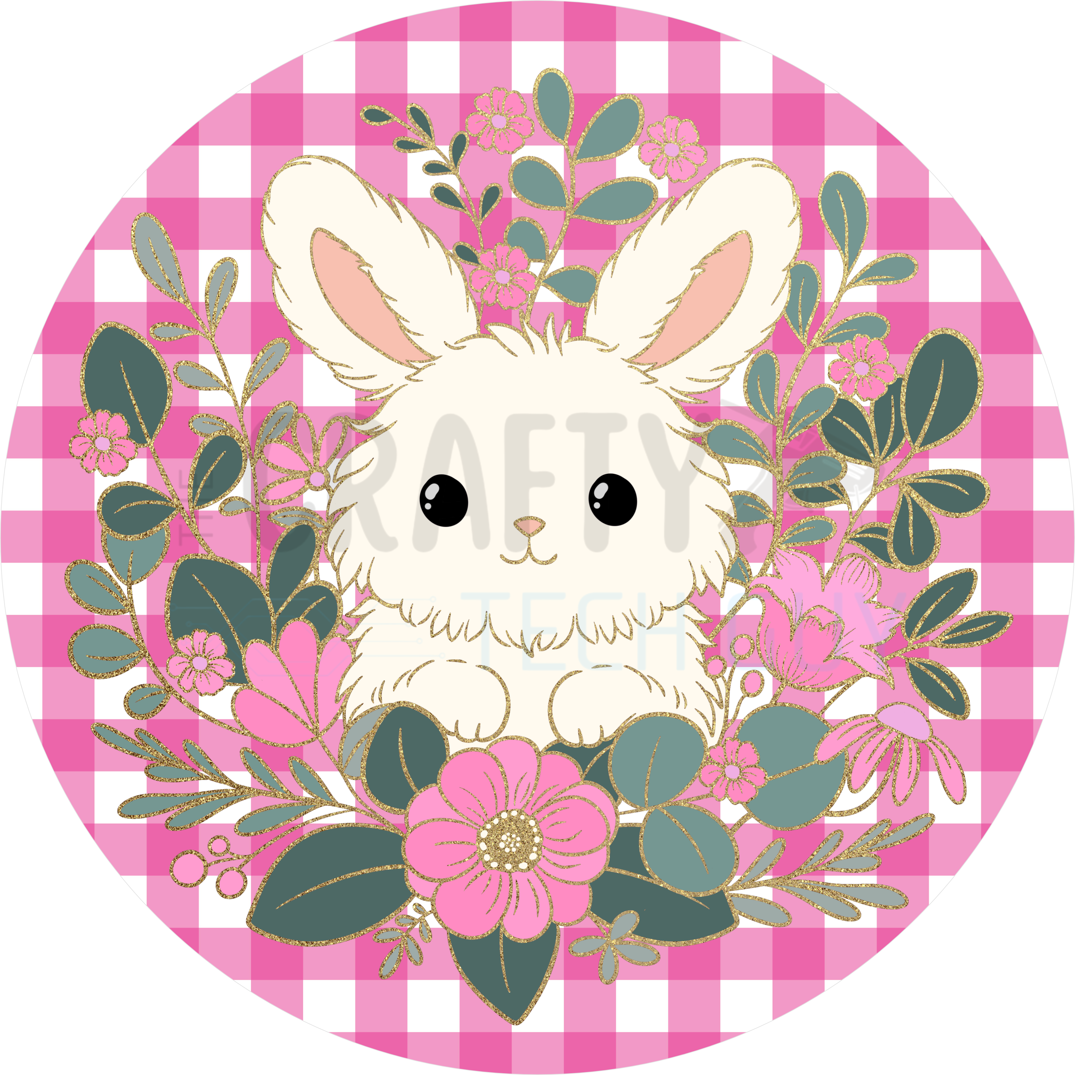 Floral Bunny Spring Round Sign – Pink Gingham Decor