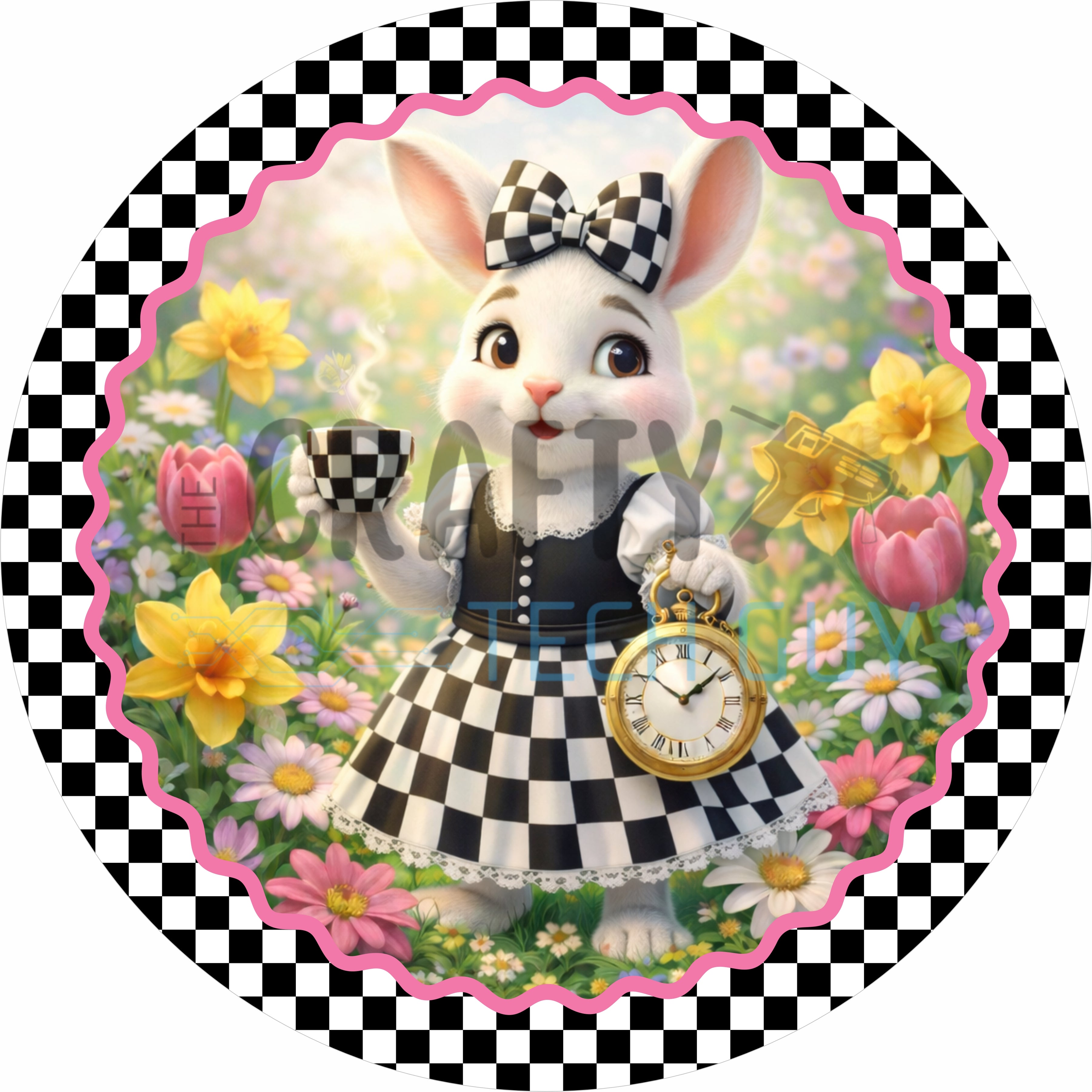 Easter White Rabbit Tea Party Spring Round Wreath Sign