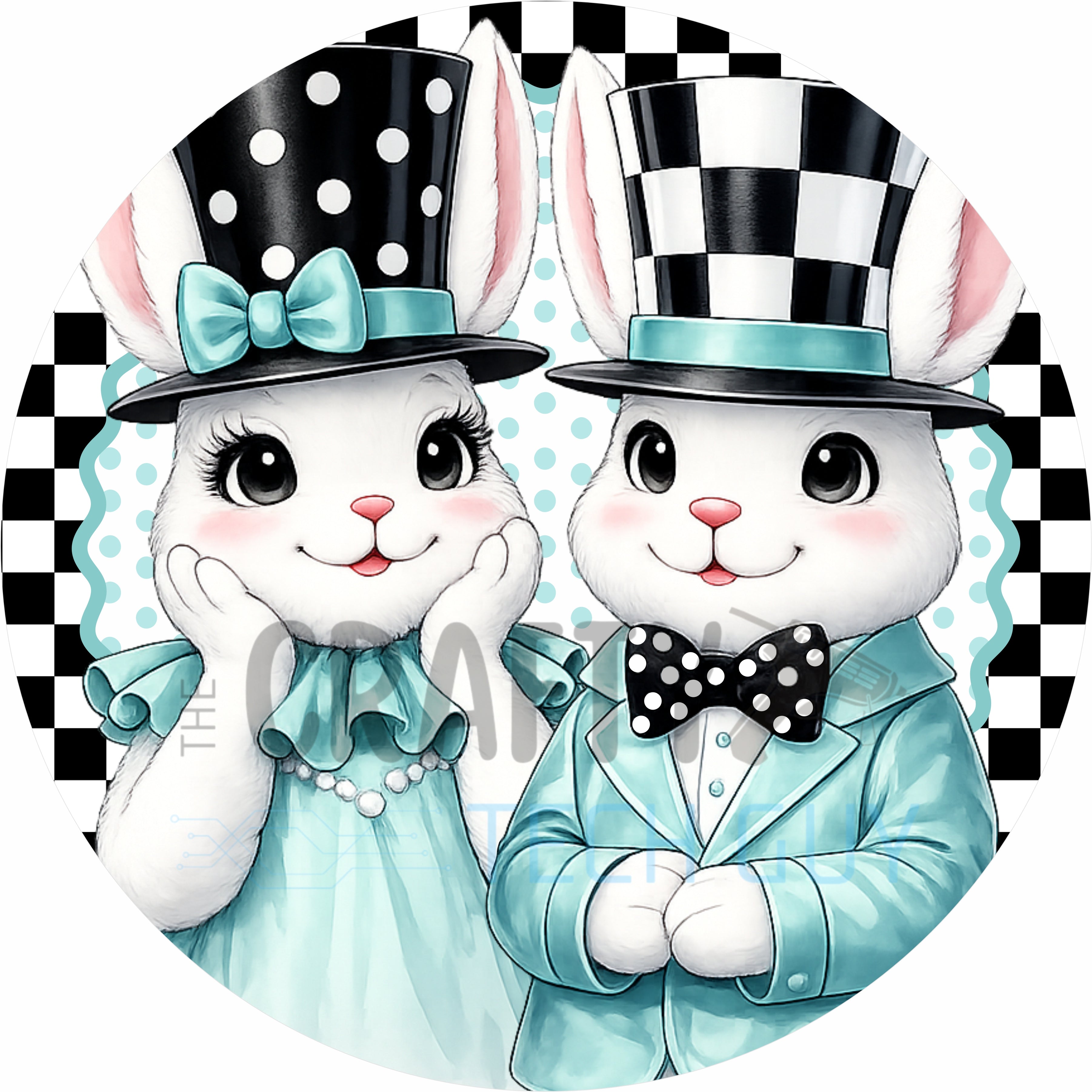 Elegant Easter Bunny Couple Teal Round Wreath Sign