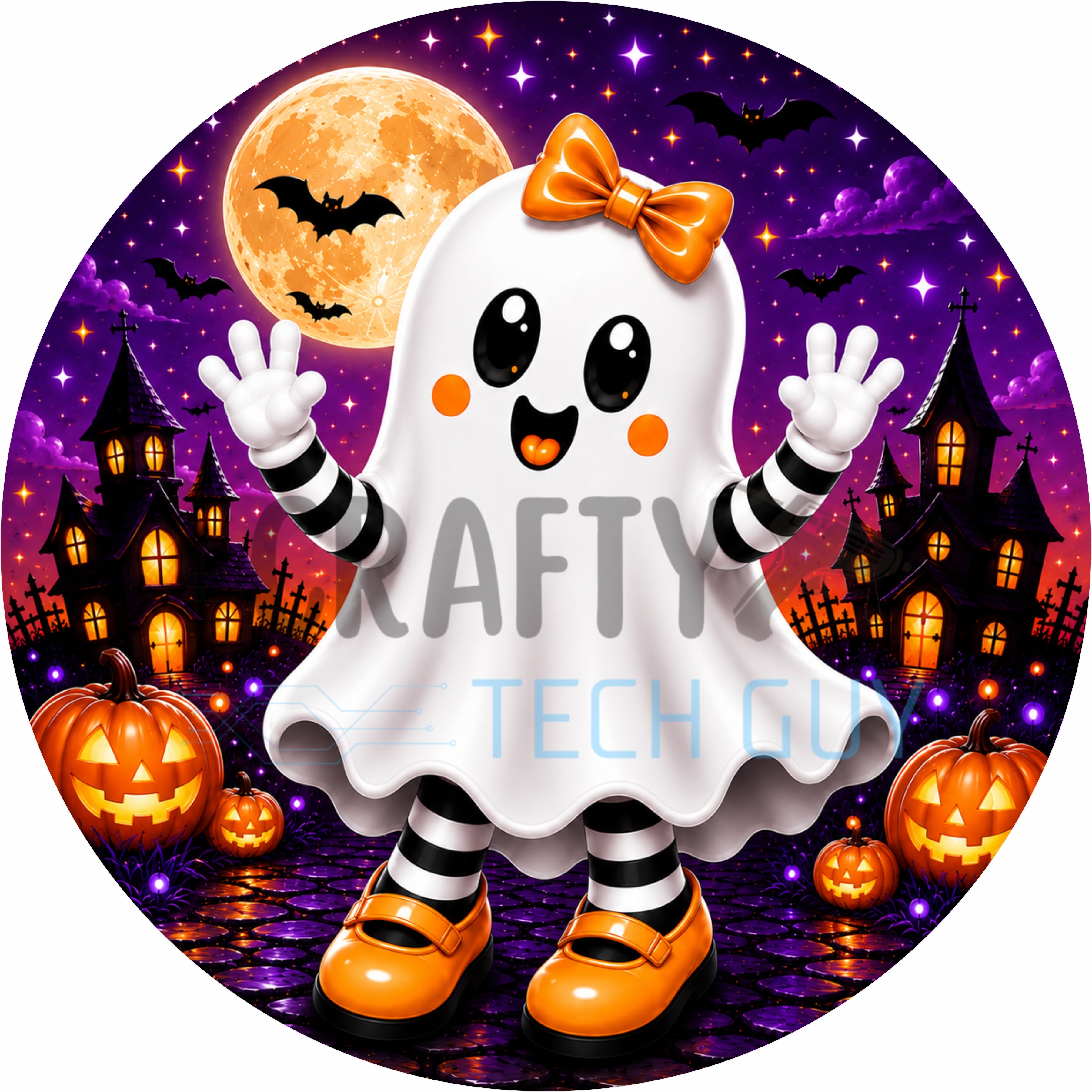 Orange Ghost Halloween Round Wreath Sign