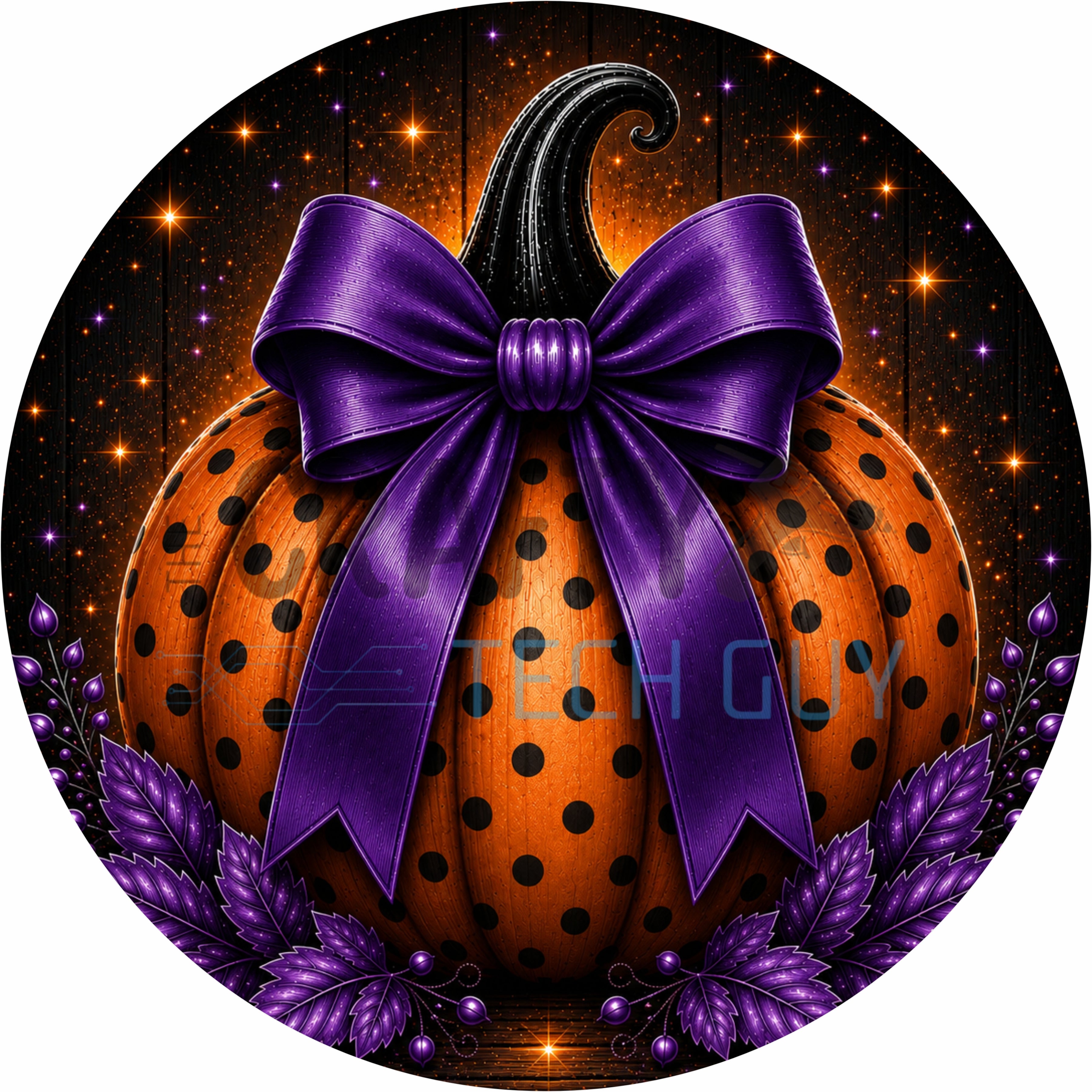 Orange Pumpkin Purple Bow Round Wreath Sign