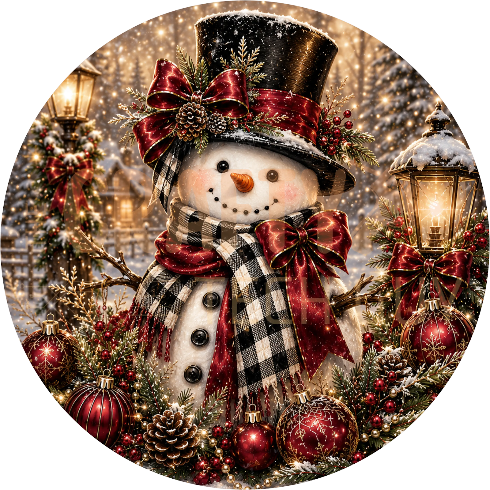Farmhouse Snowman Christmas Wreath Sign – Buffalo Plaid Top Hat Design