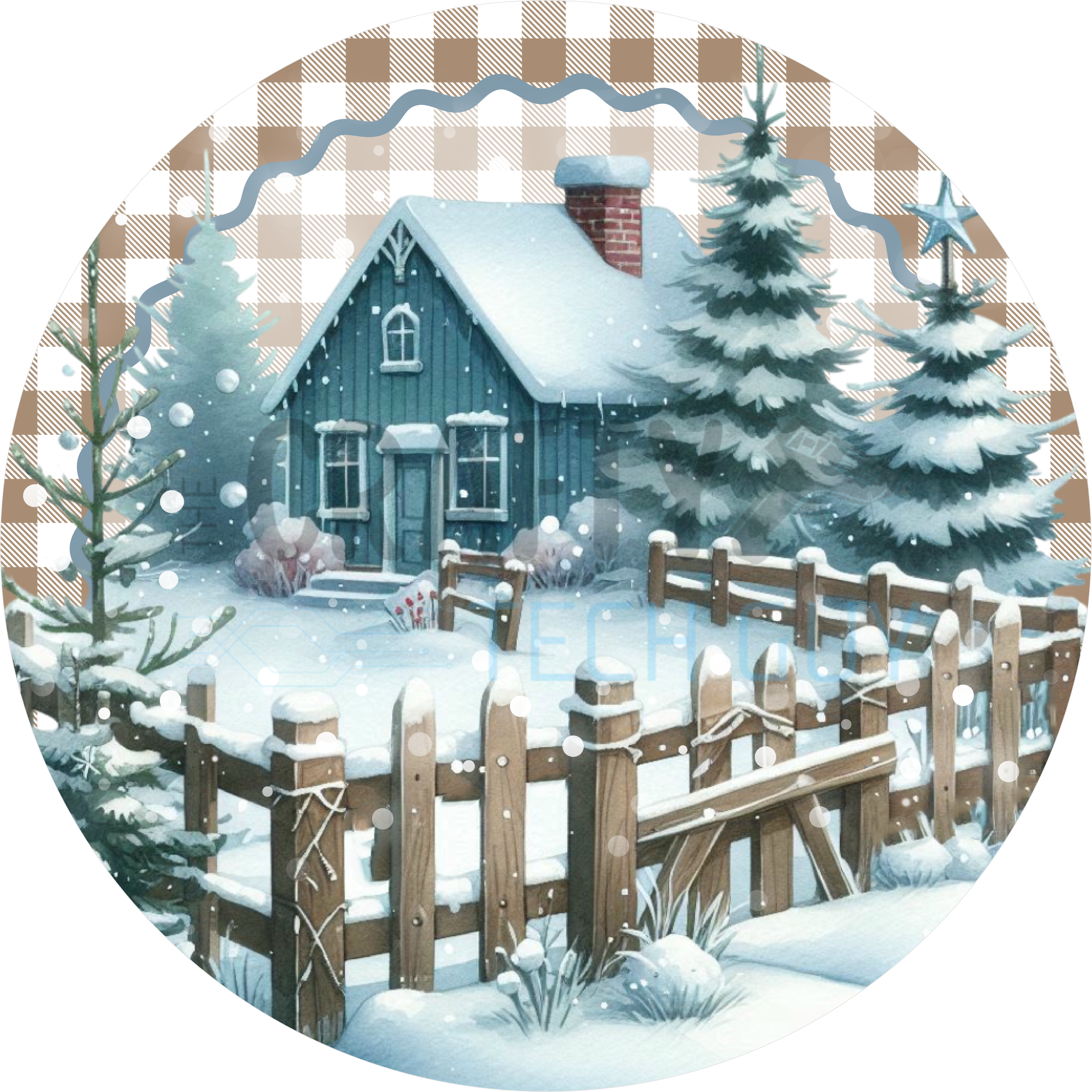 Rustic Winter Farmhouse Design | Snowy Cabin Scene with Pine Trees and Fence | Cozy Country Christmas Home and Wreath Décor