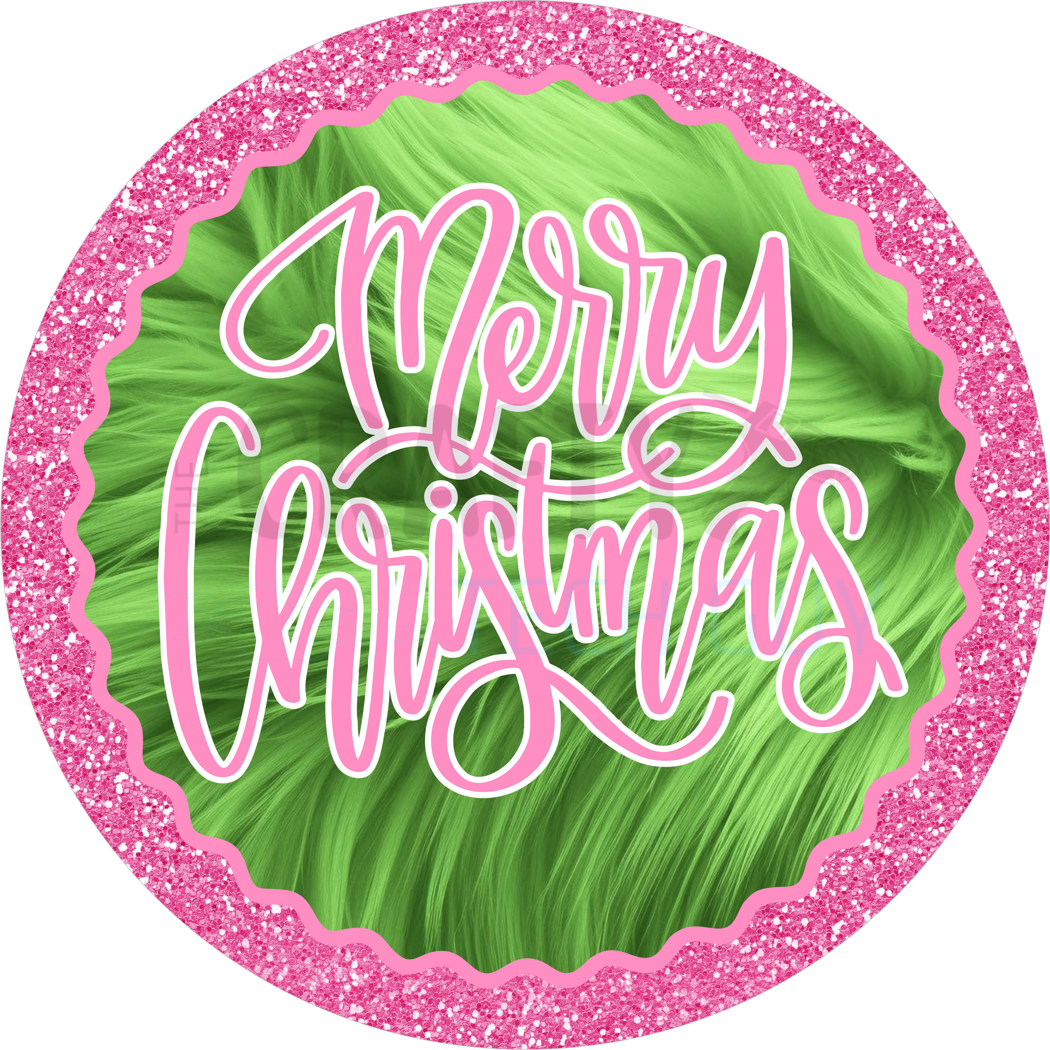 Merry Christmas Green Monster Design | Pink Glitter Border with Green Faux Fur Background