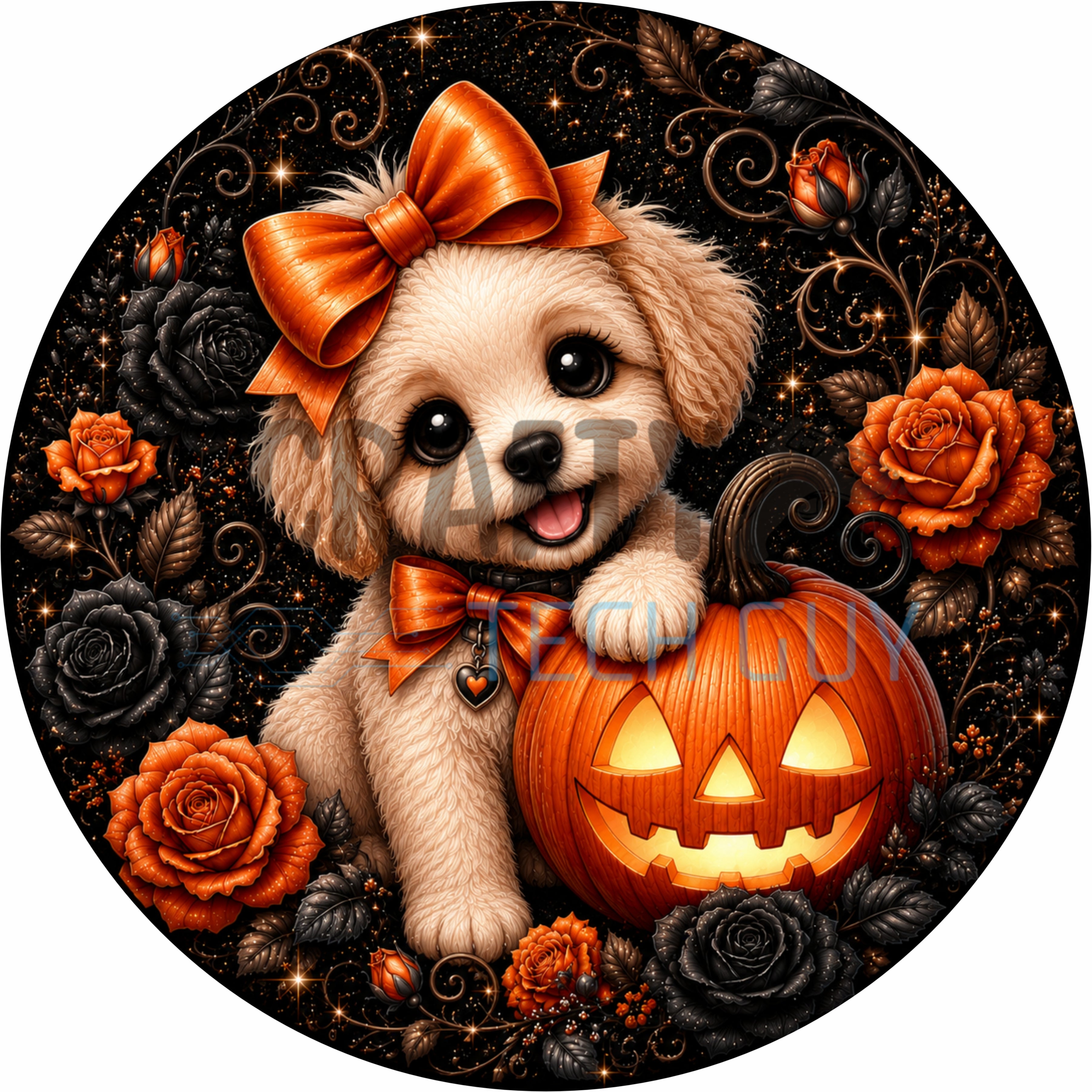 Halloween Puppy with Pumpkin Round Wreath Sign