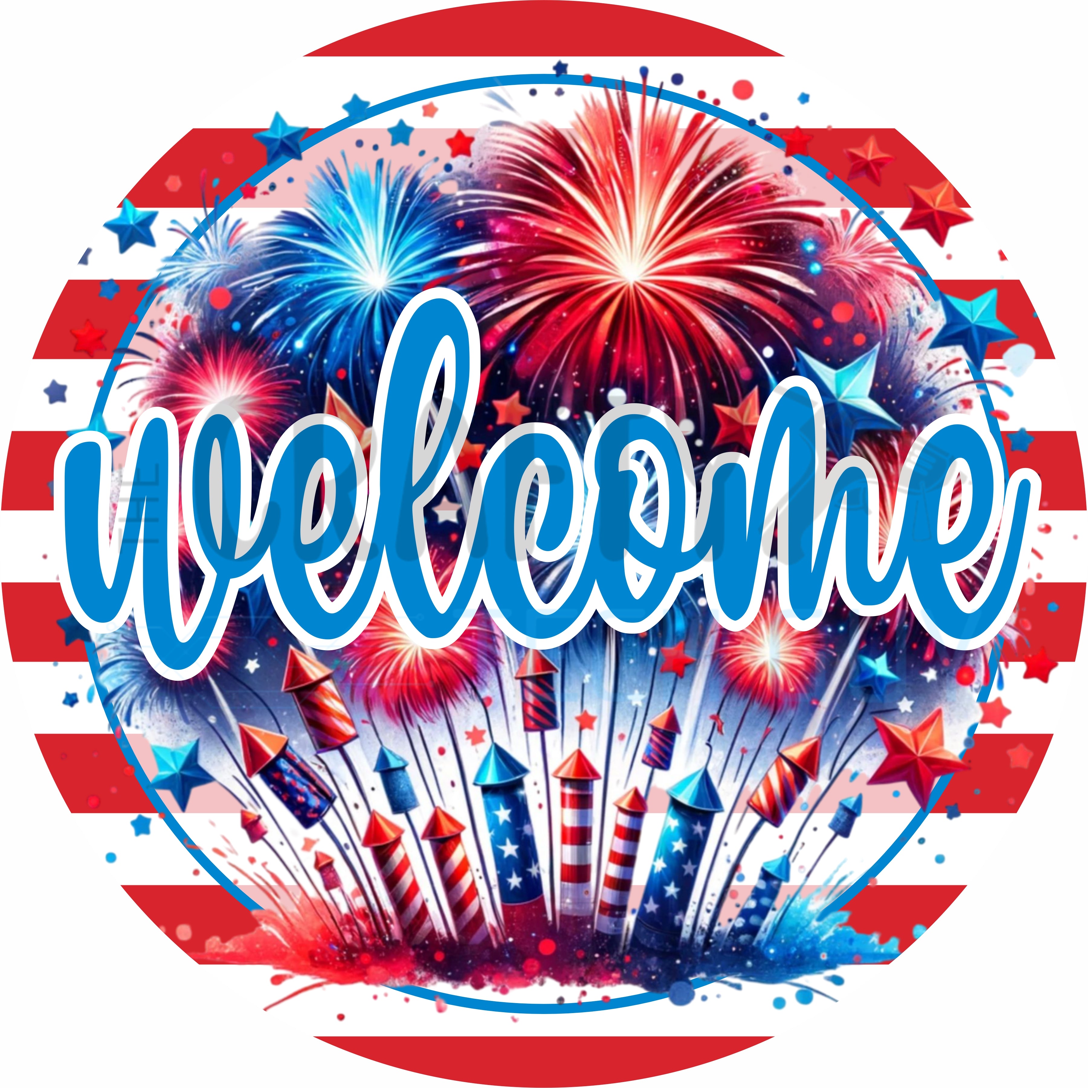 Sweet Summertime Patriotic Fireworks Welcome Front Door Decor Round Wreath Sign