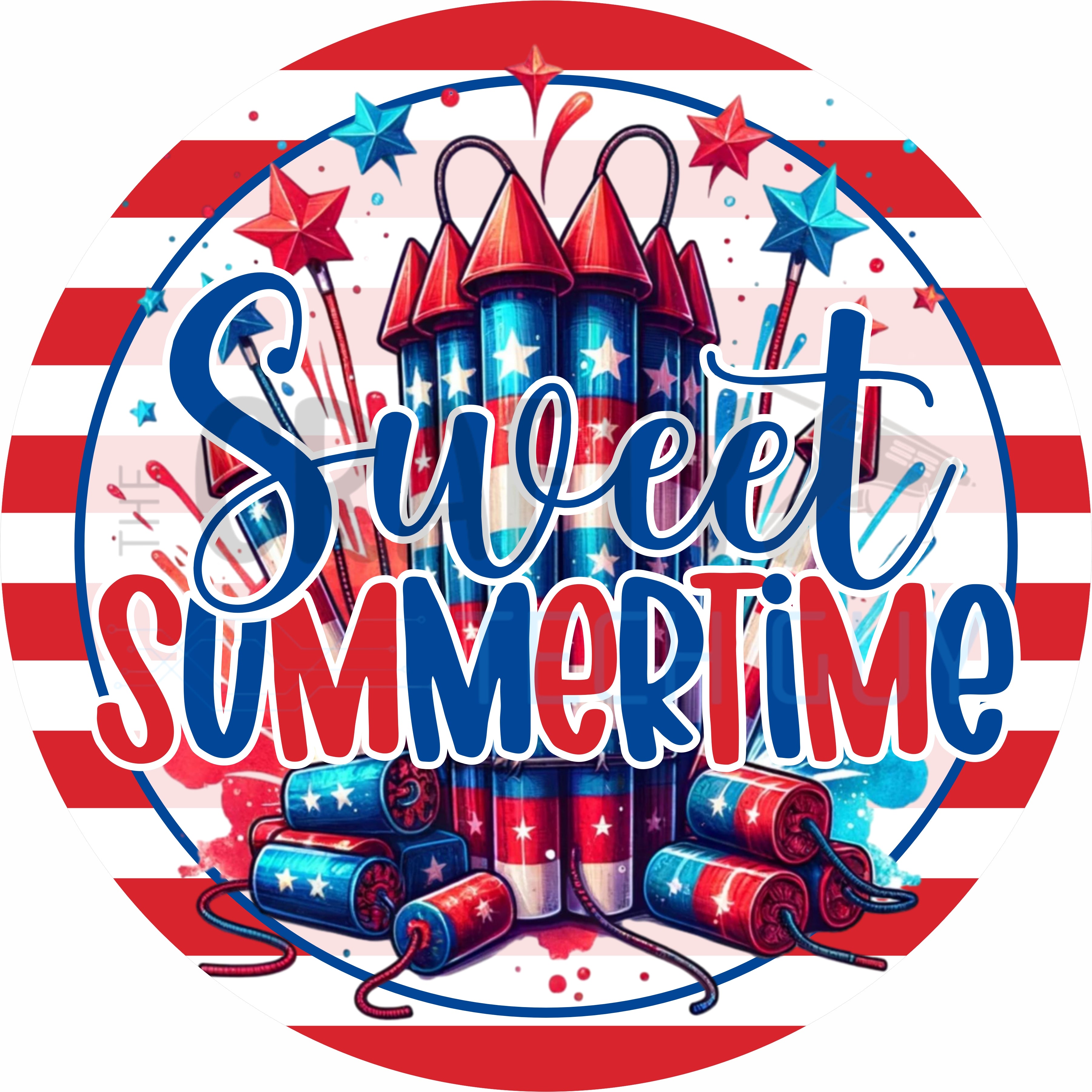 Sweet Summertime Patriotic Fireworks Red White and Blue Front Door Decor Round Wreath Sign
