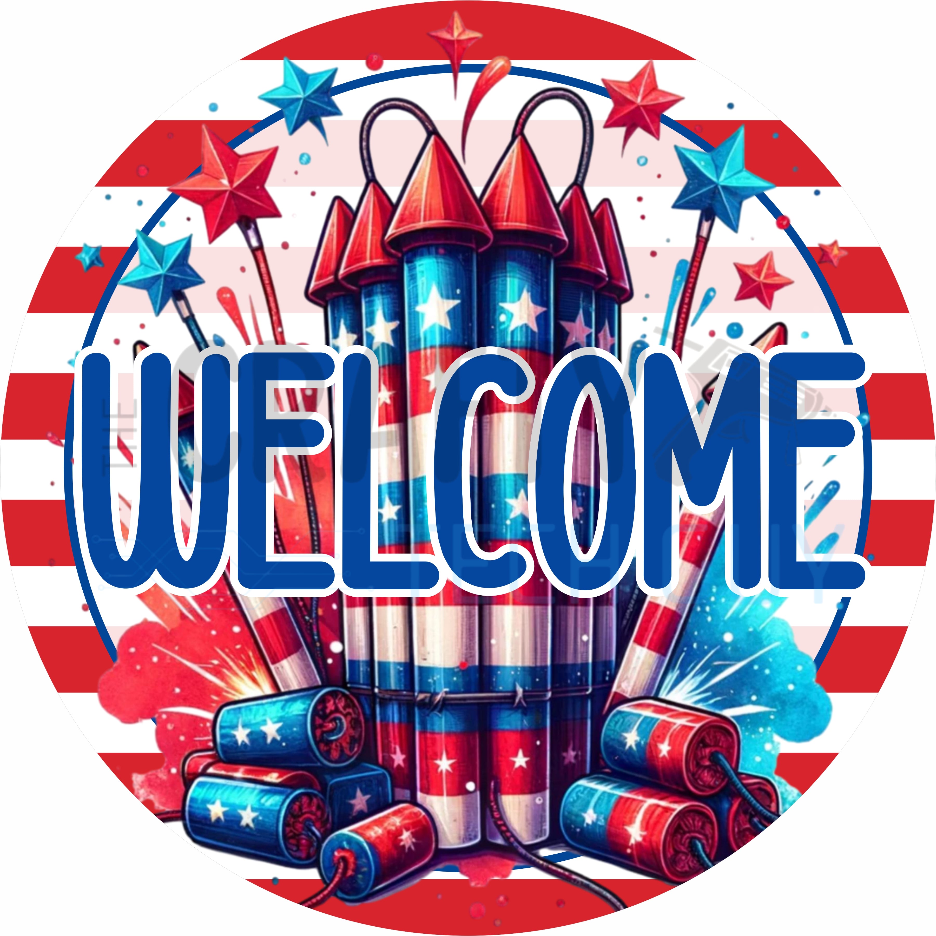 Welcome Sweet Summertime Patriotic Fireworks Decor 4th of July Round Wreath Sign