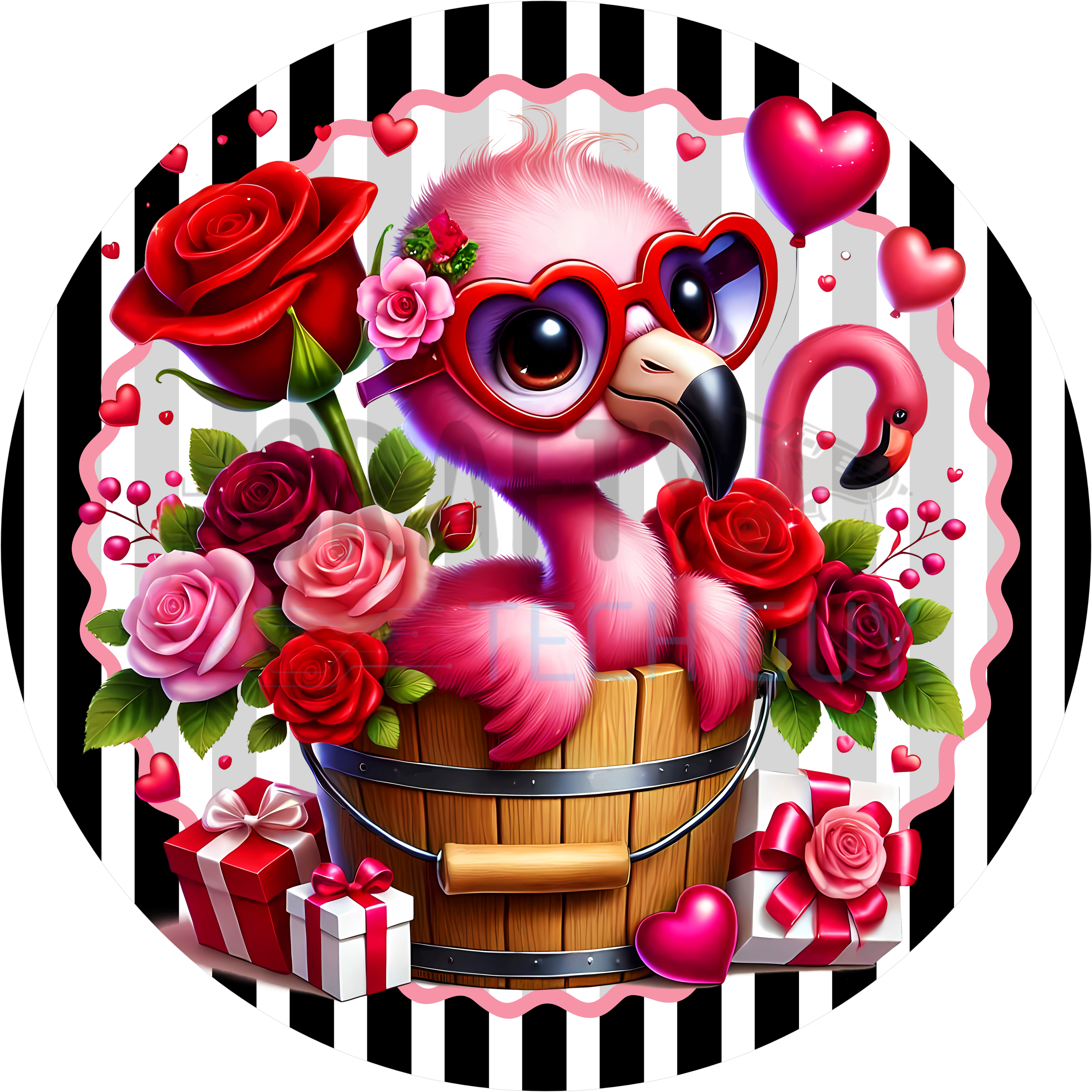 Valentine Flamingo Design | Cute Pink Flamingo with Heart Glasses in Wooden Bucket with Roses and Gifts for Romantic Home Décor