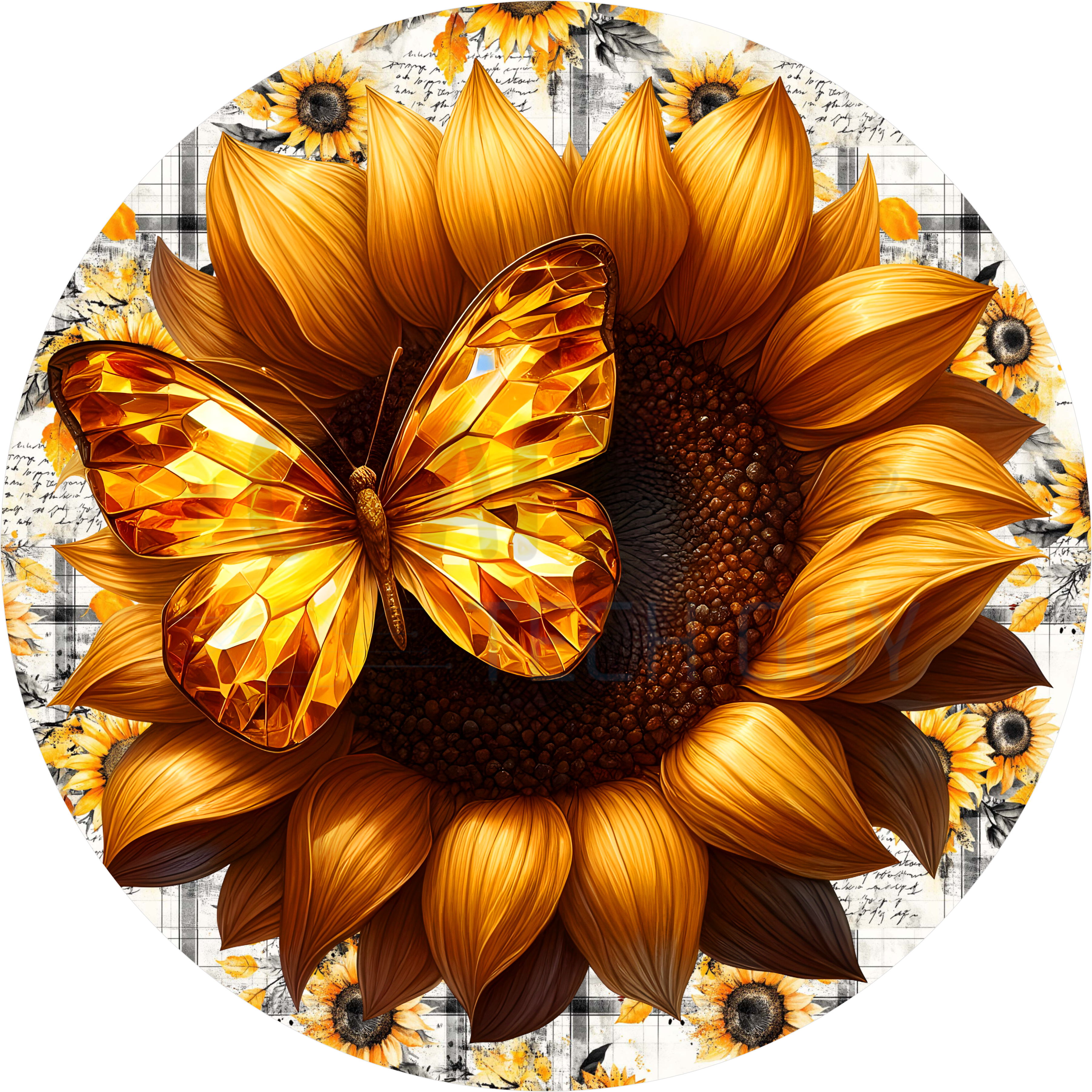 Sunflower & Butterfly Round Sign – Gold Accent Summer Decor