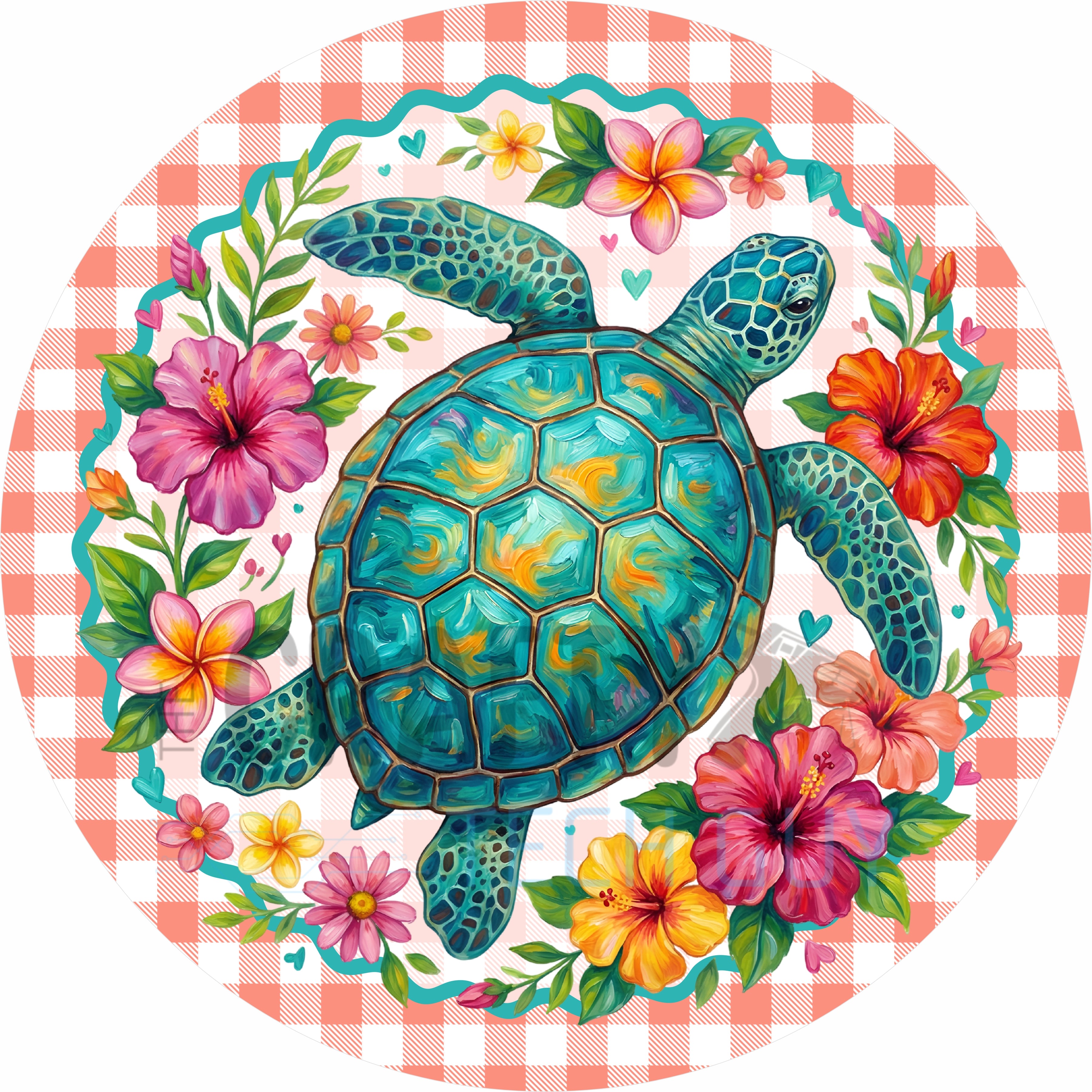 Tropical Sea Turtle Floral Round Wreath Sign