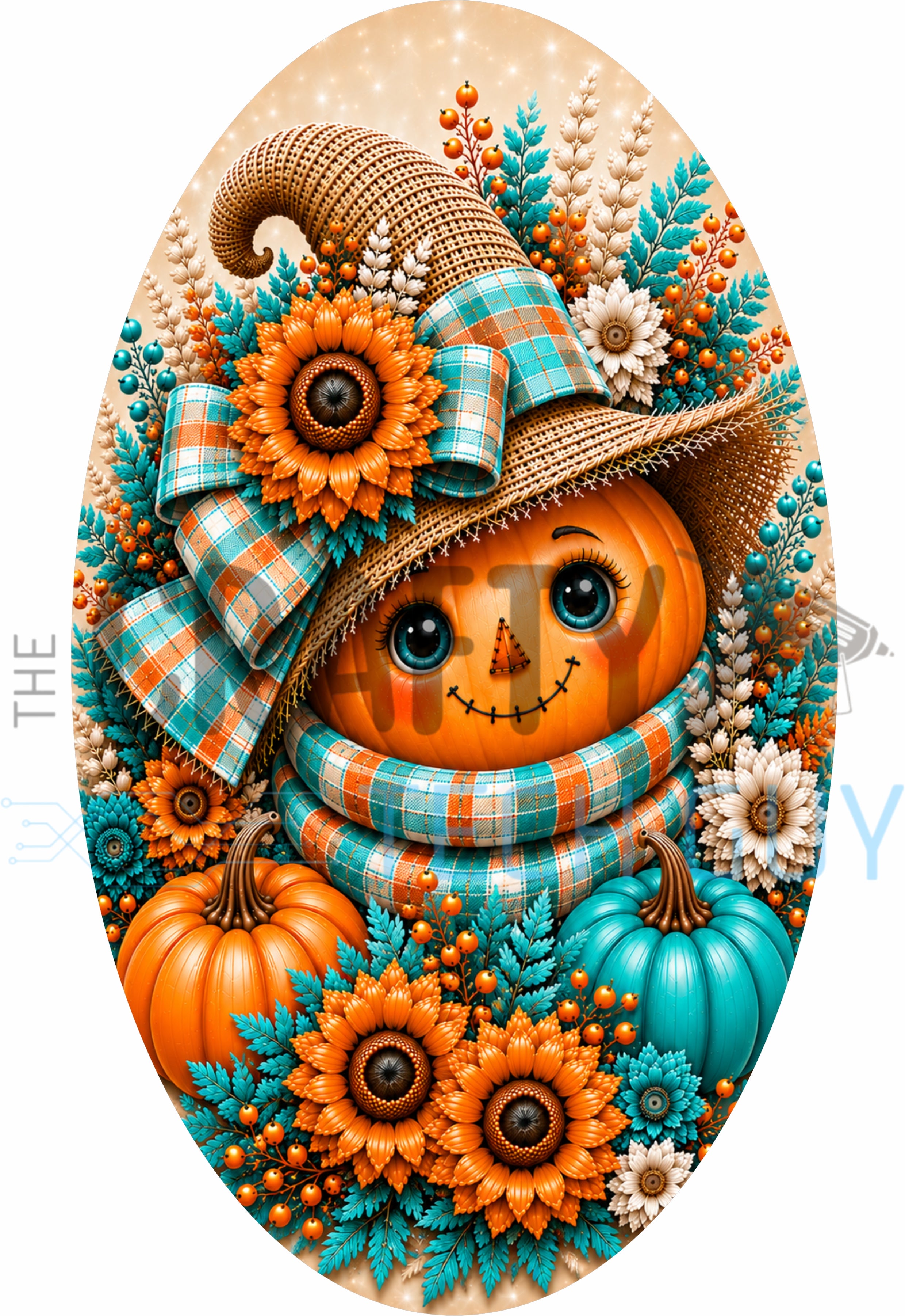 Teal Pumpkin Scarecrow Autumn Harvest 12x7 Oval Wreath Sign