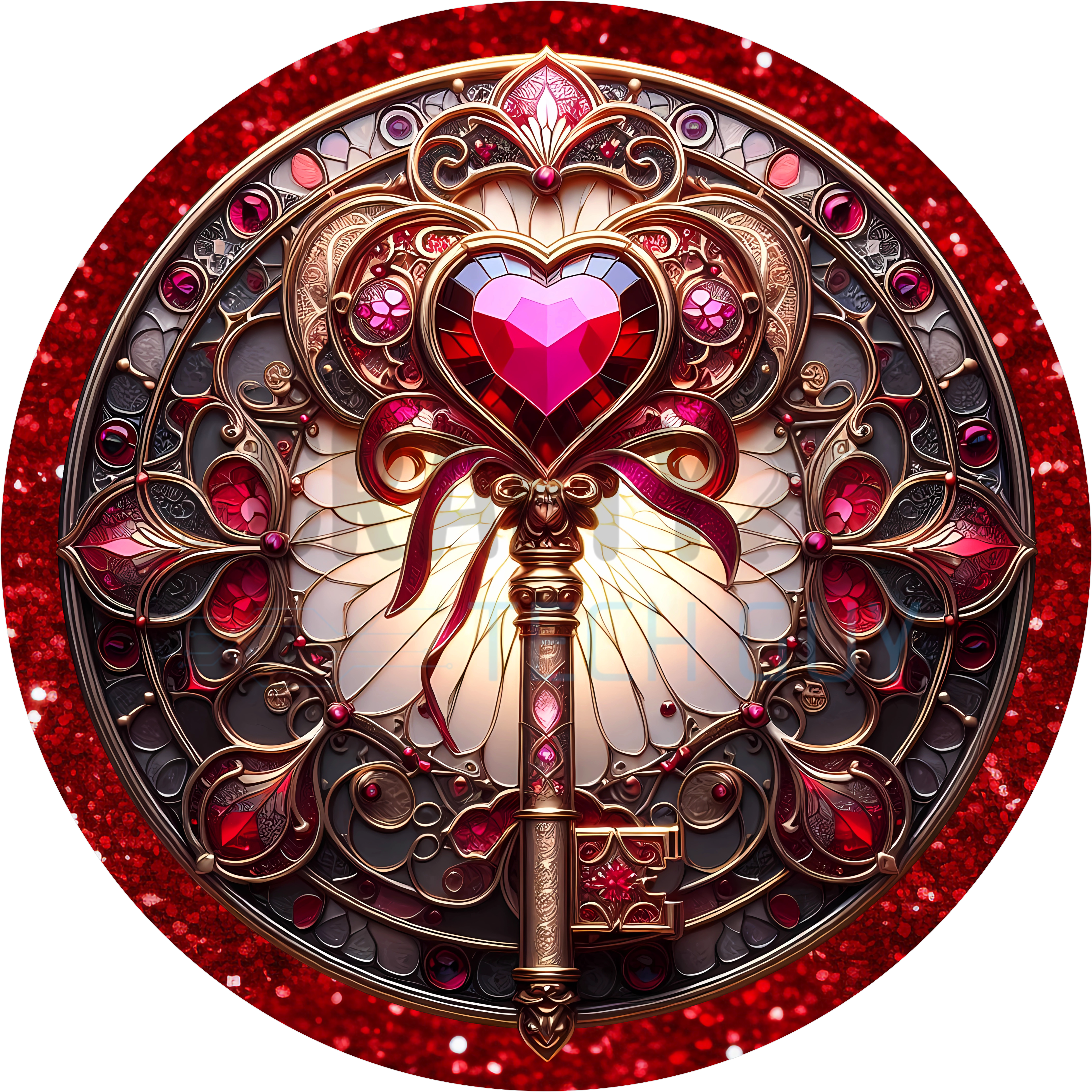 Elegant Heart Key Valentine’s Sign with Red Gem Accents, Ornate Gold Filigree, and Sparkling Ruby Glitter Border