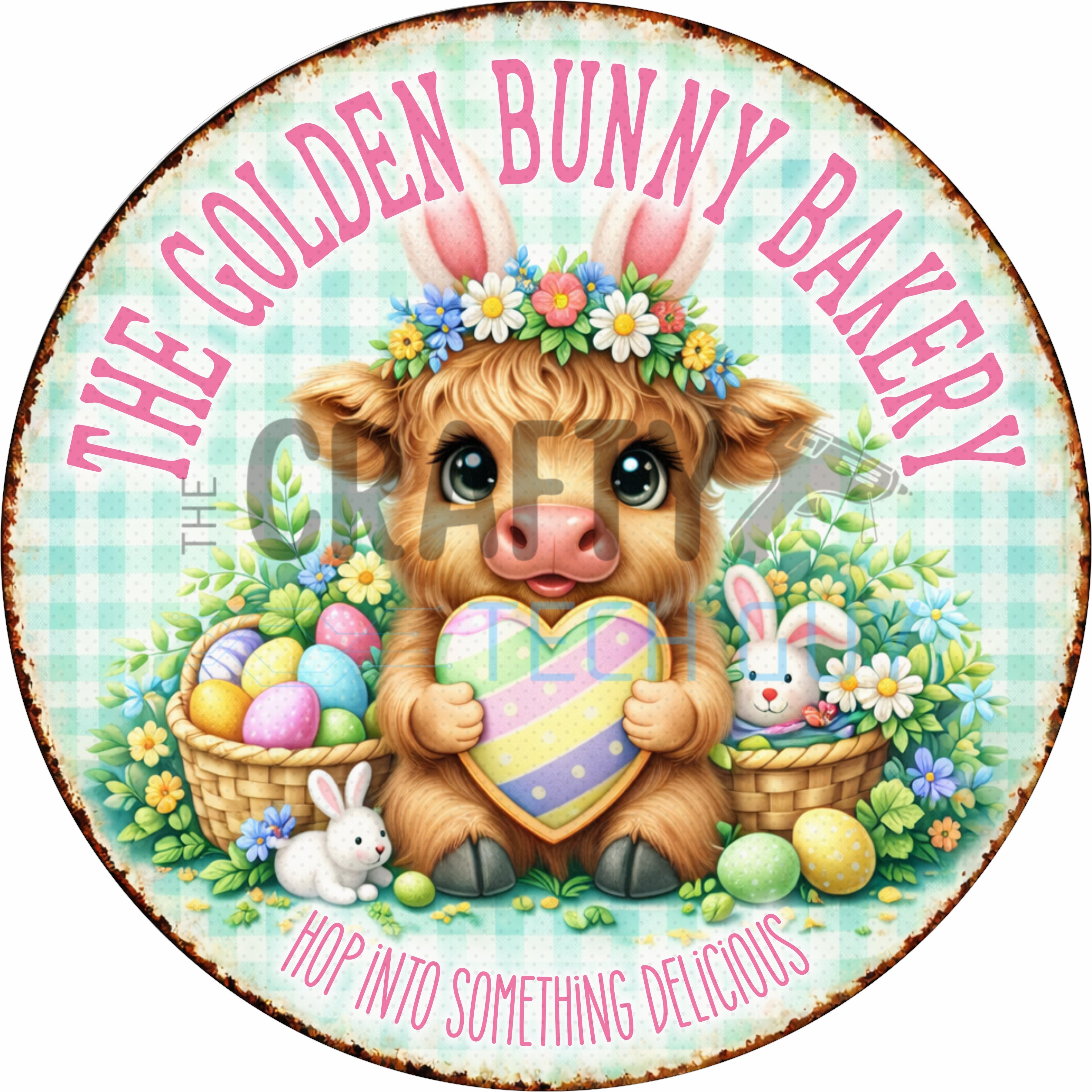 Golden Bunny Bakery Easter Round Wreath Sign