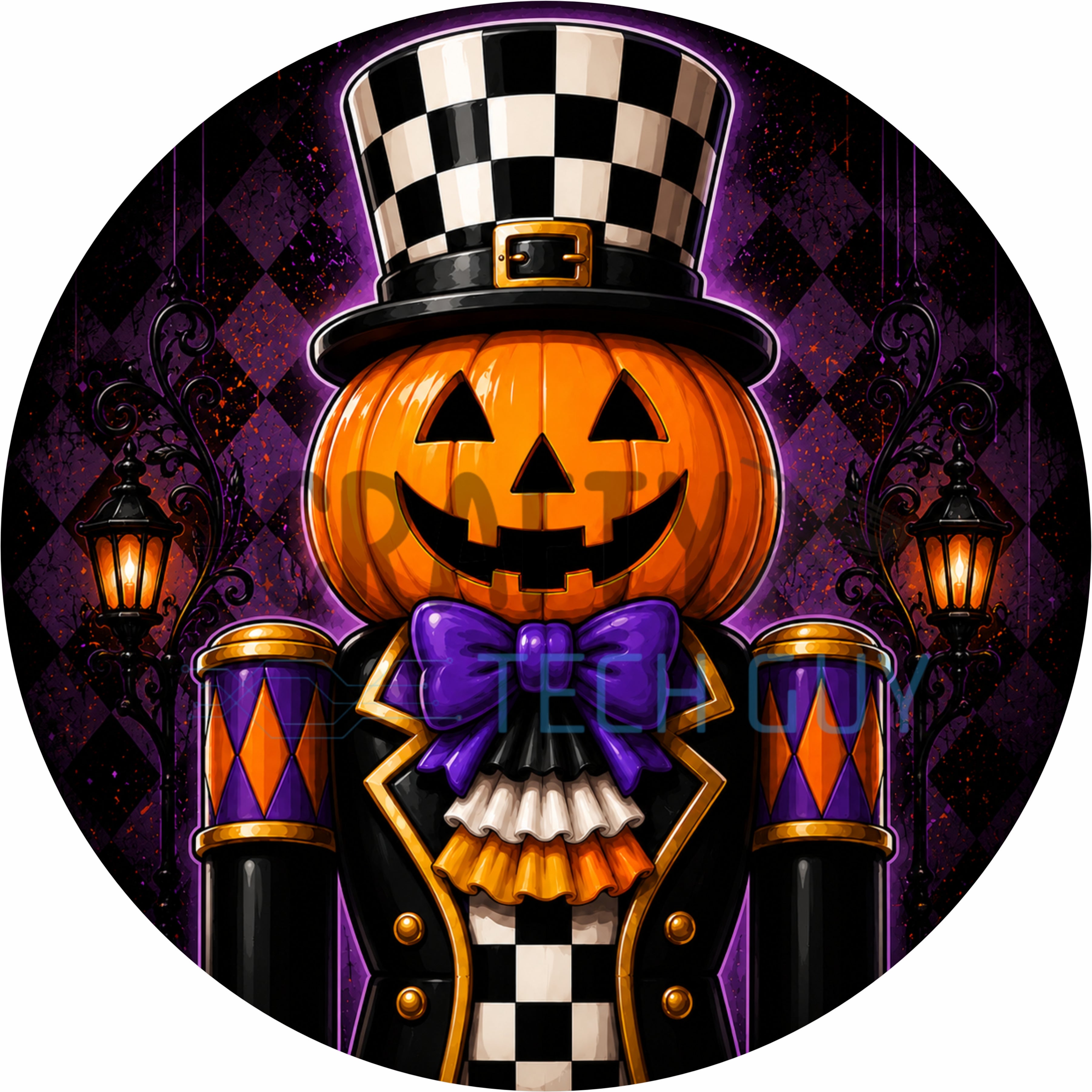 Purple Pumpkin King Nutcracker Halloween Round Wreath Sign