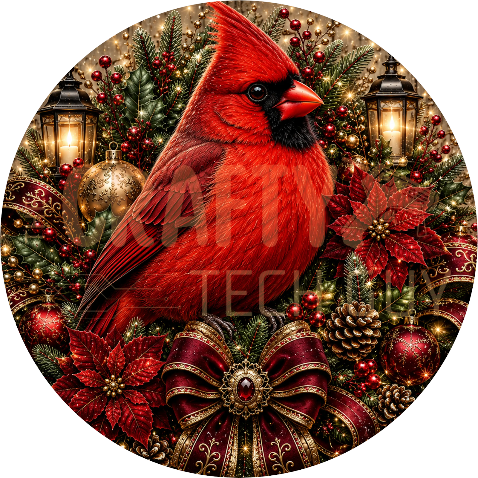 Red Cardinal Christmas Wreath Sign – Poinsettia and Gold Ornament Design