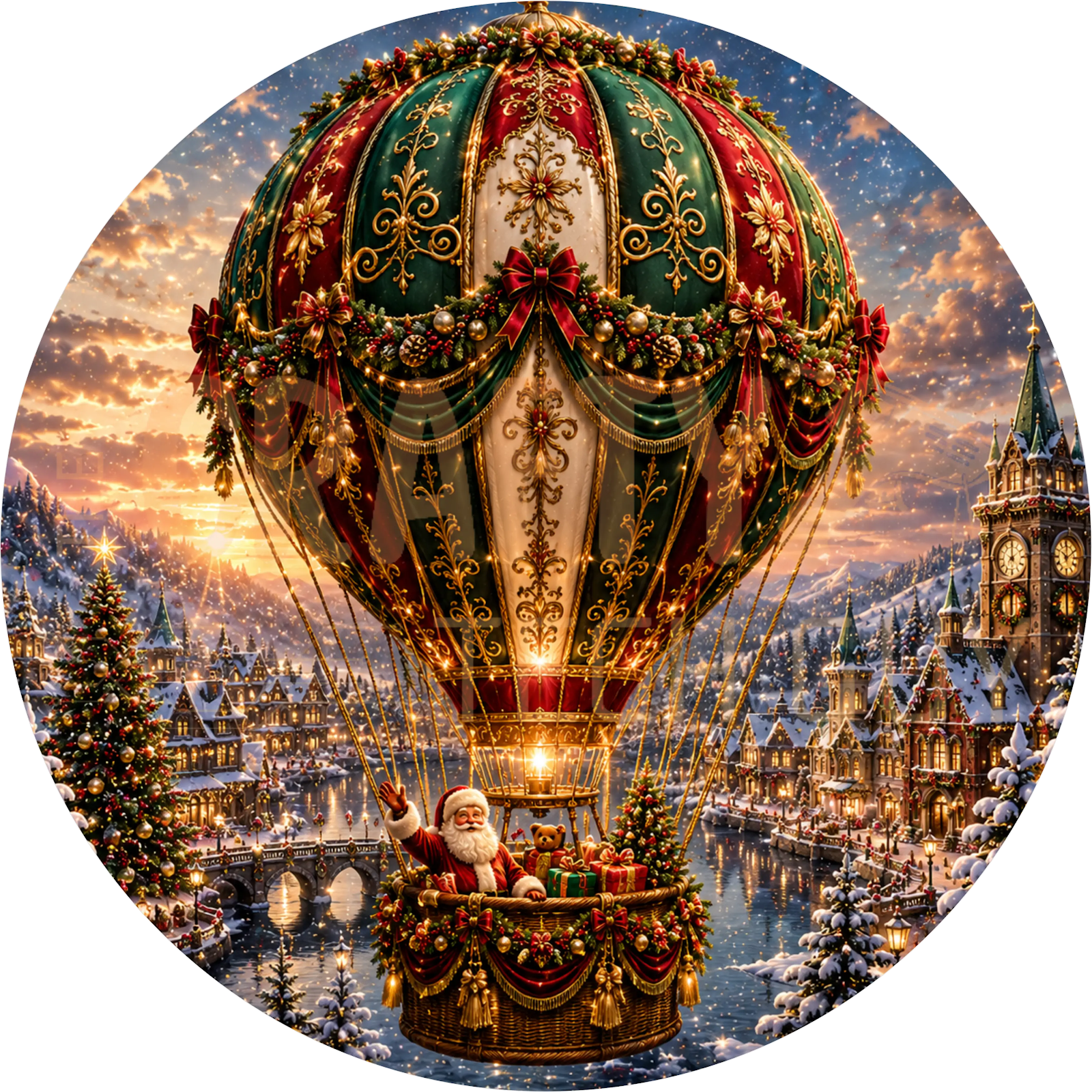 Santa Hot Air Balloon Christmas Wreath Sign – Snowy Village Design