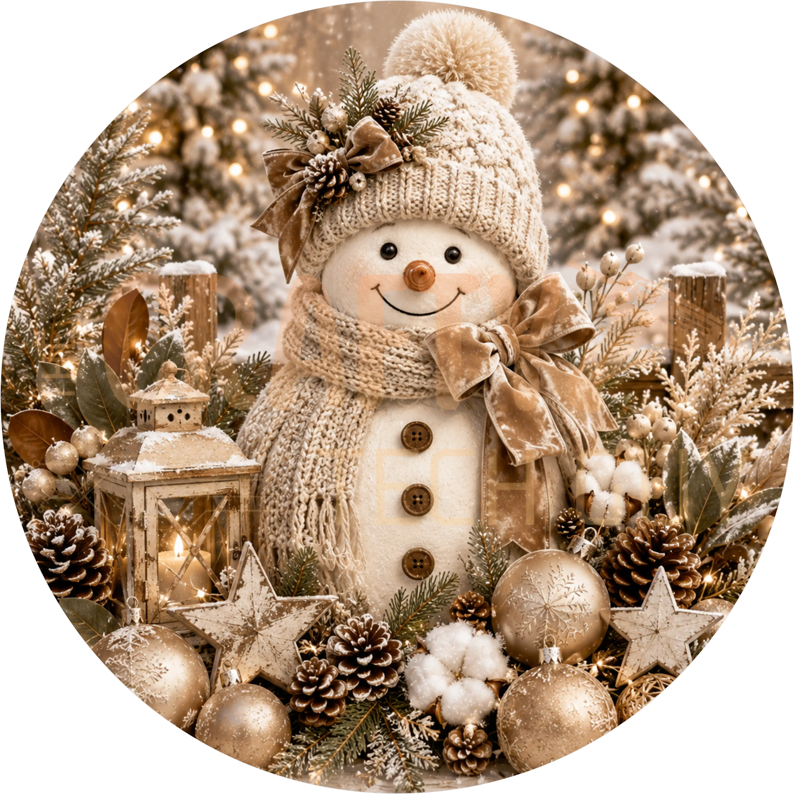 Champagne Plush Snowman Christmas Wreath Sign – Gold Lantern Design