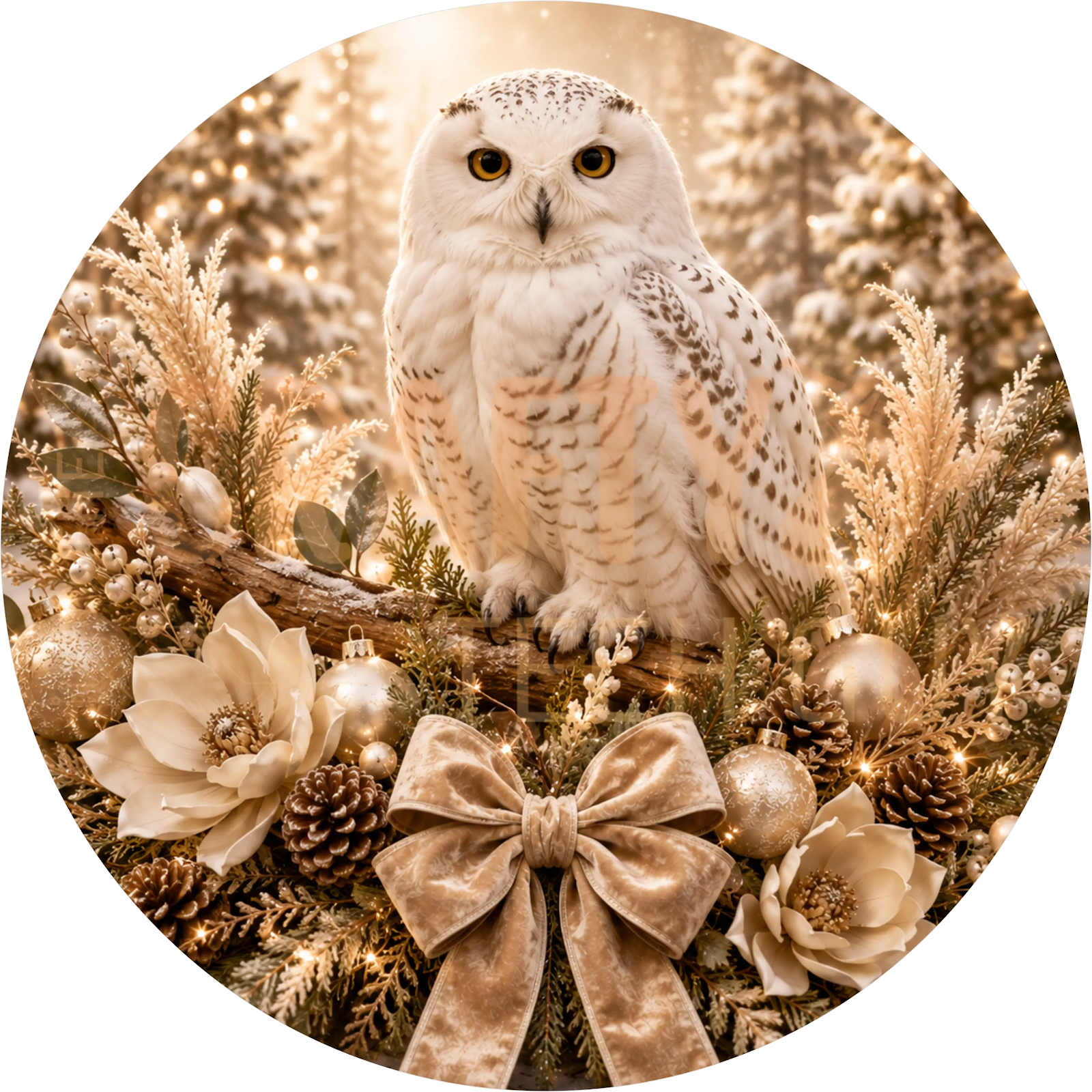 Snowy Owl Christmas Wreath Sign – Champagne & Gold Bow Design