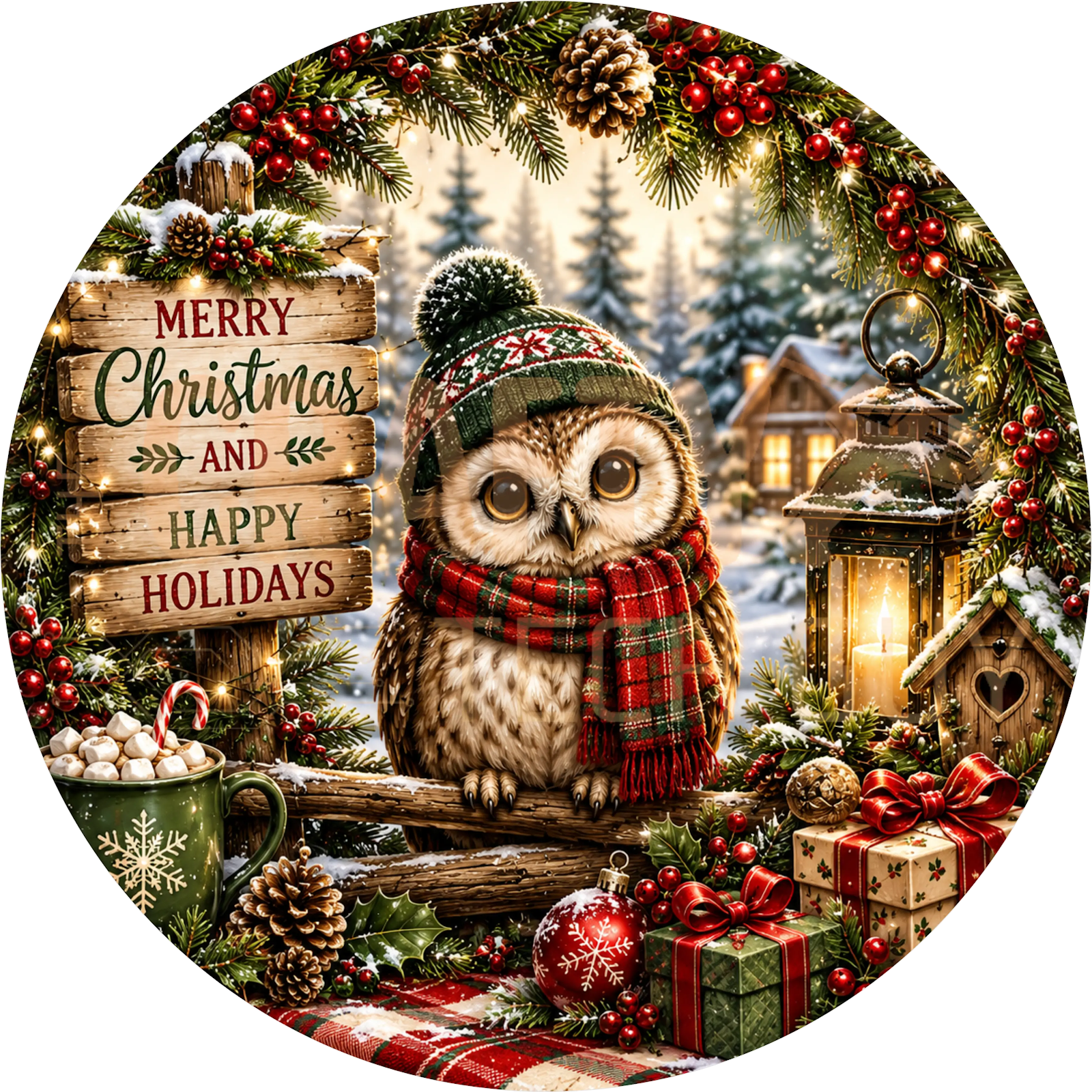 Baby Owl in Plaid Scarf Christmas Wreath Sign – Merry Christmas & Happy Holidays Design