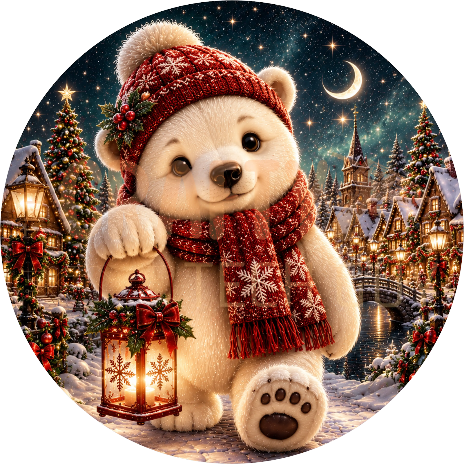 Baby Polar Bear Cub Christmas Wreath Sign – Red Scarf Snowy Village Design