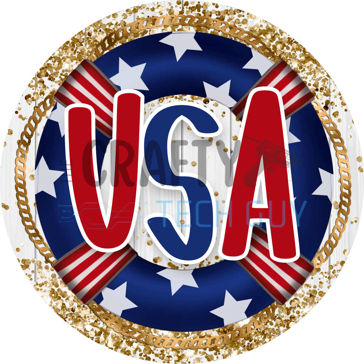 Patriotic USA Sign with Stars, Gold Glitter Border, and Red White and