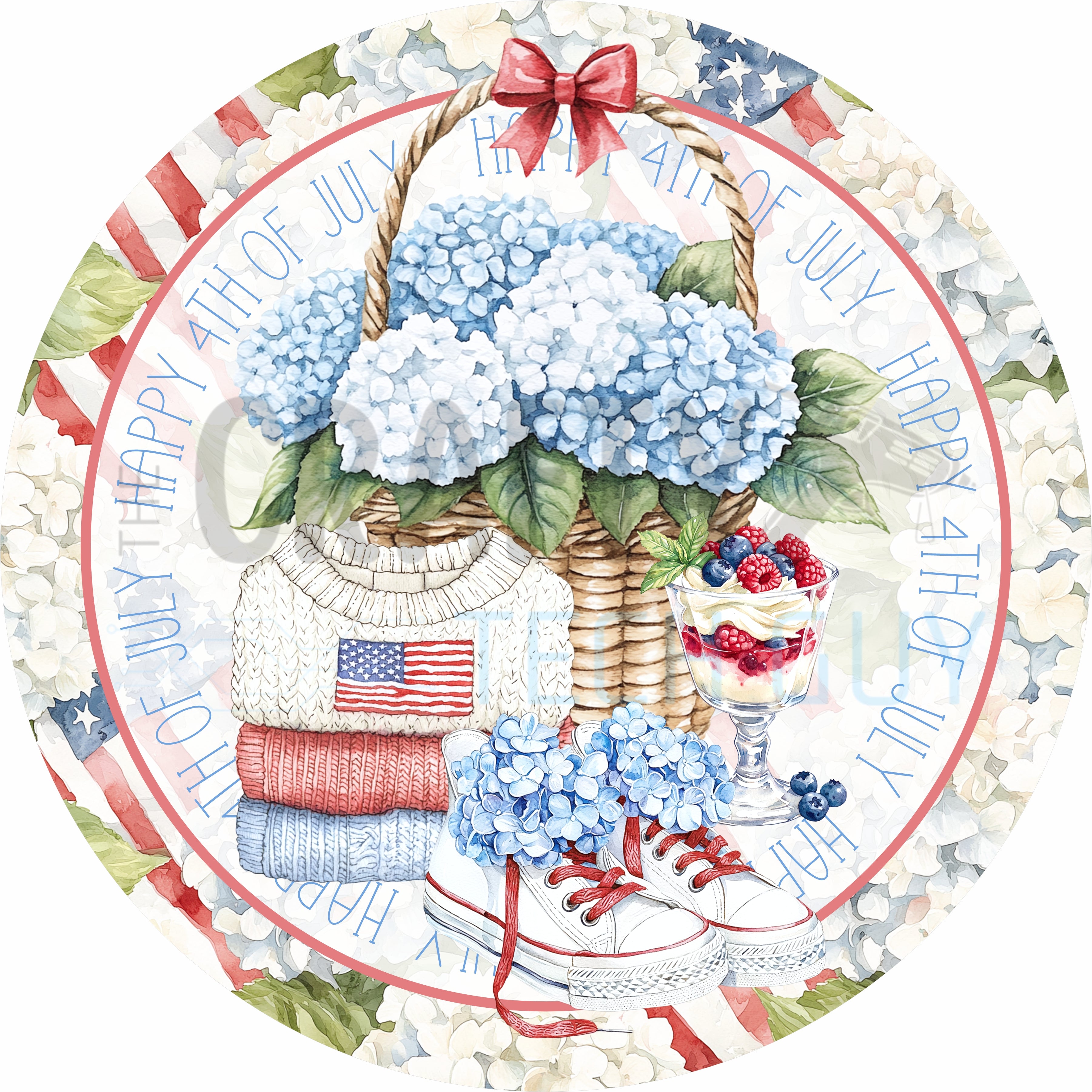 Happy 4th of July Hydrangea Basket Patriotic Round Sign
