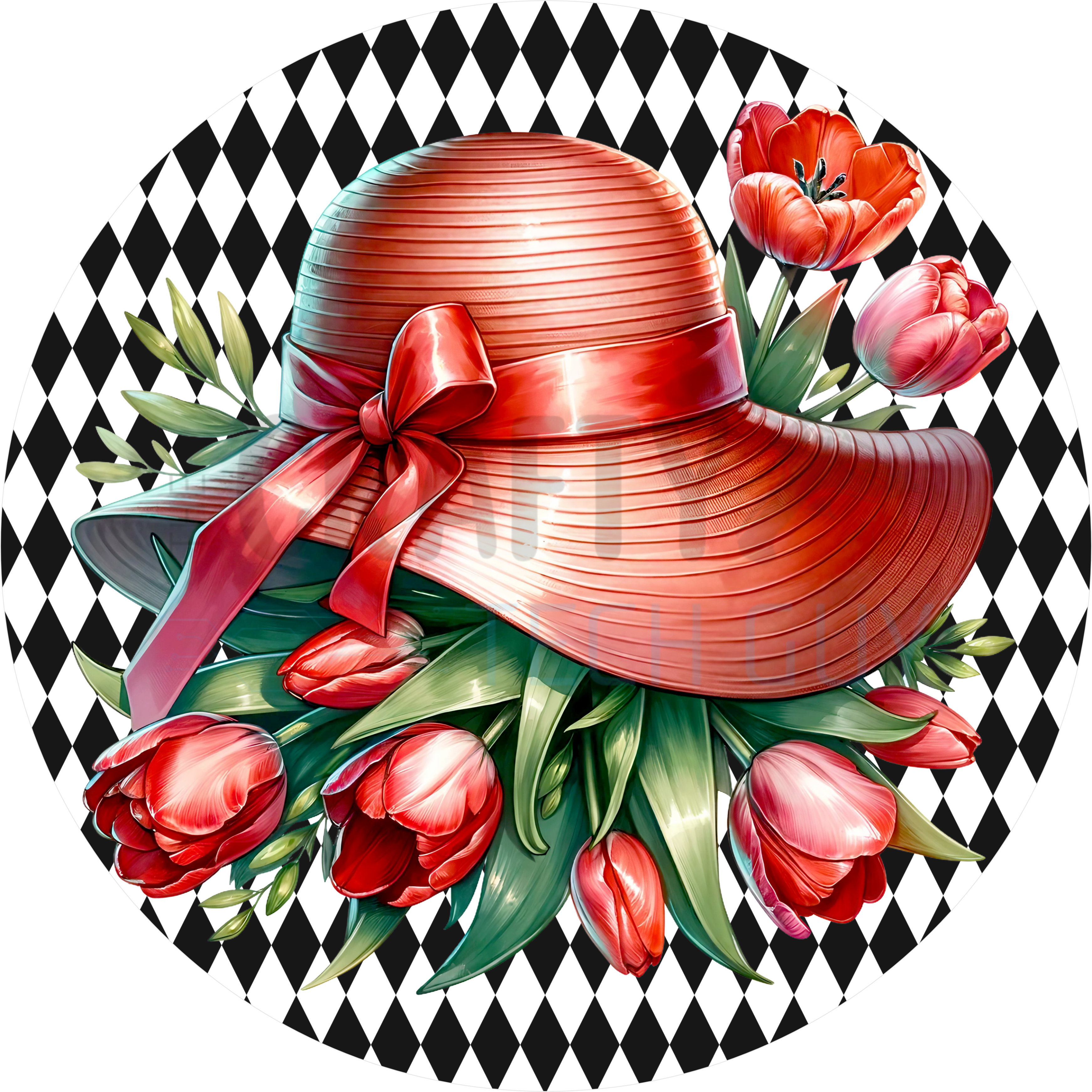 Red Hat & Tulips Spring Sign – Floral Door Decor