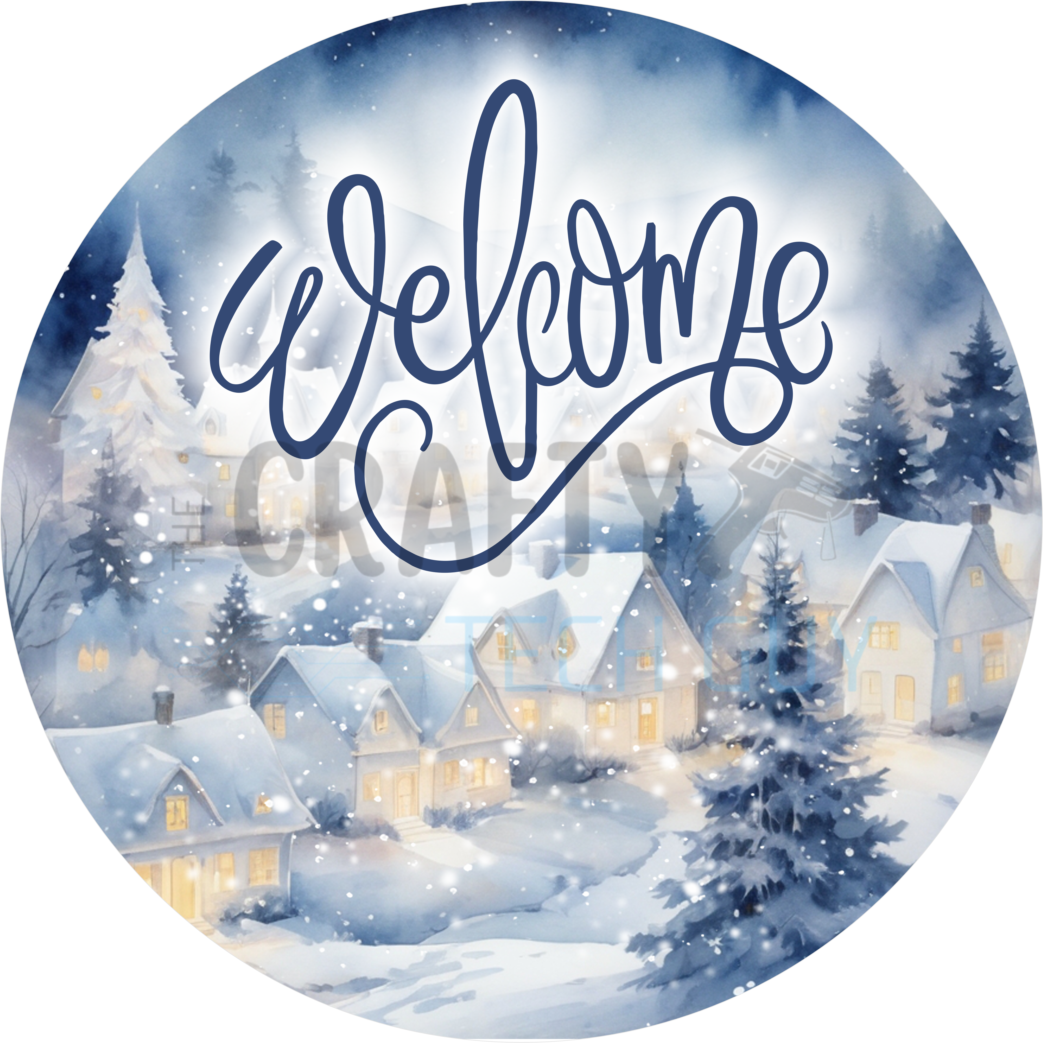 Cozy Winter Village Welcome Design with Snowy Pine Trees, Glowing Cottages, and Peaceful Holiday Charm