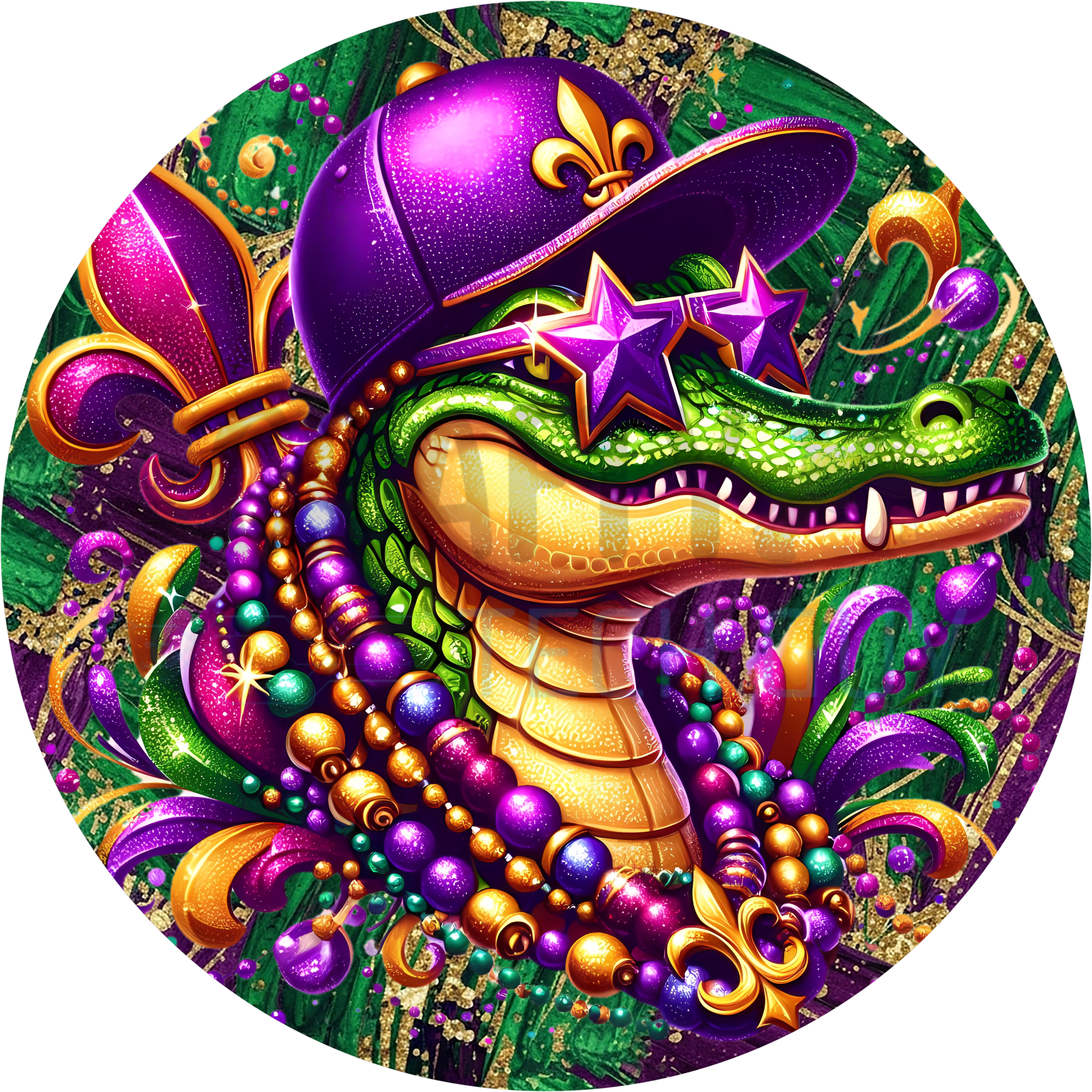 Mardi Gras Alligator Wreath Sign – Beads, Bling & Star Shades