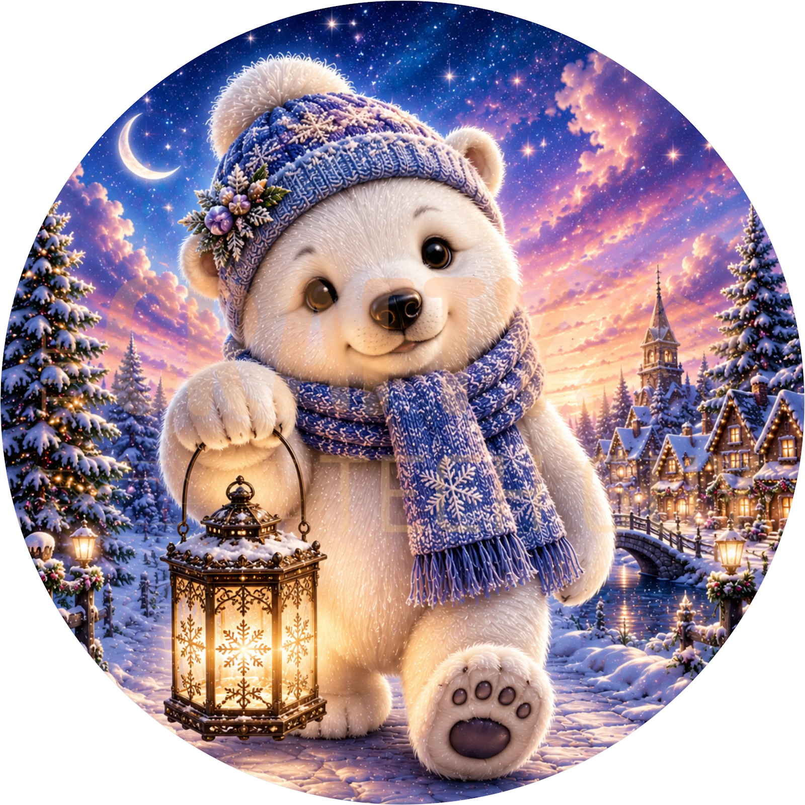 Baby Polar Bear Cub Christmas Wreath Sign – Starry Winter Lantern Design