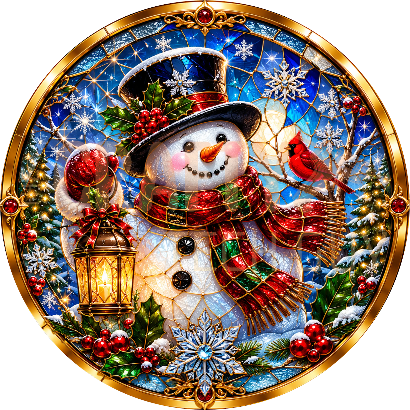 Stained Glass Snowman Christmas Wreath Sign – Cardinal & Lantern Design