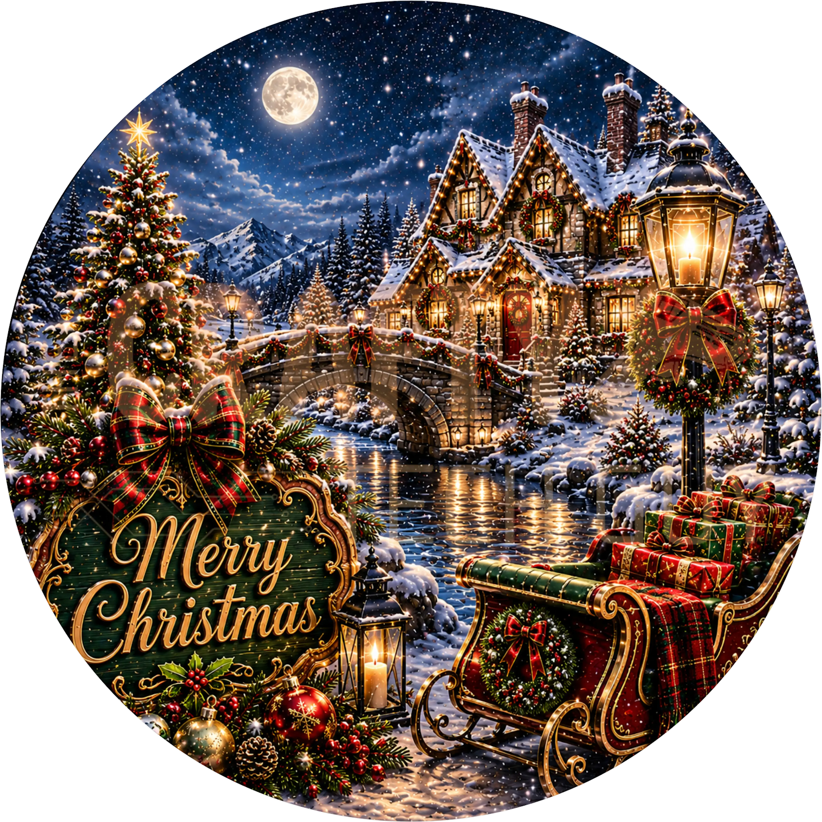 Snowy Village Moonlit Bridge Christmas Wreath Sign – Merry Christmas Sleigh Design