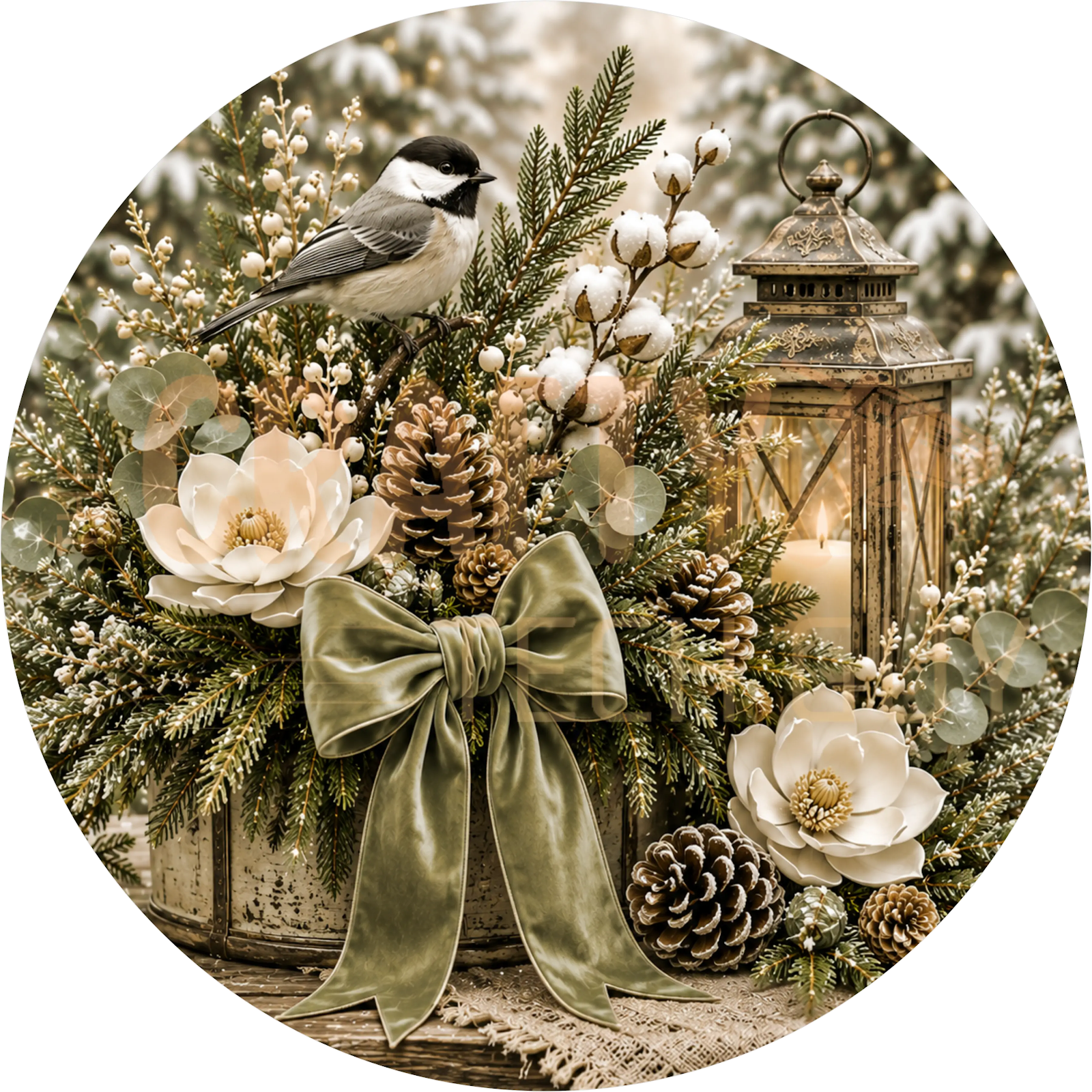 Chickadee Bird Christmas Wreath Sign – Sage Green Winter Floral Design