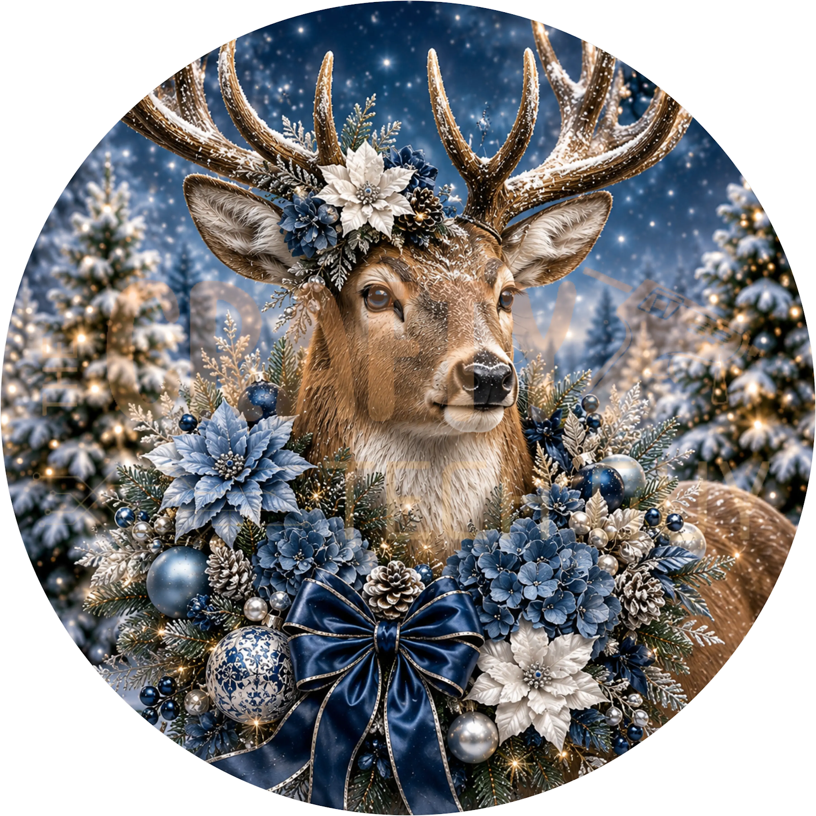 Navy Blue Stag Deer Christmas Wreath Sign – Floral Crown Winter Design