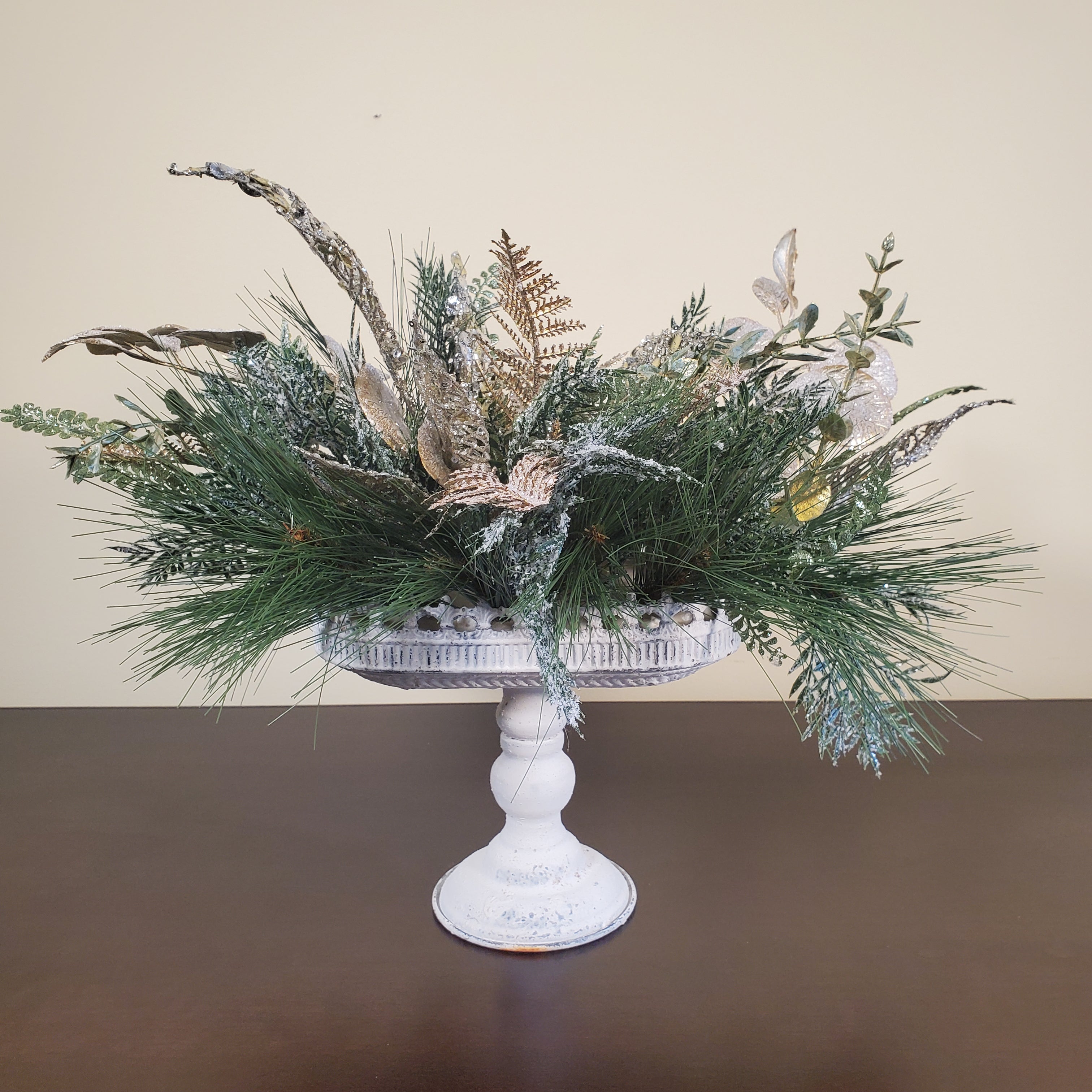 Elegant Winter Greenery Arrangement with Gold Accents in White Pedestal Bowl