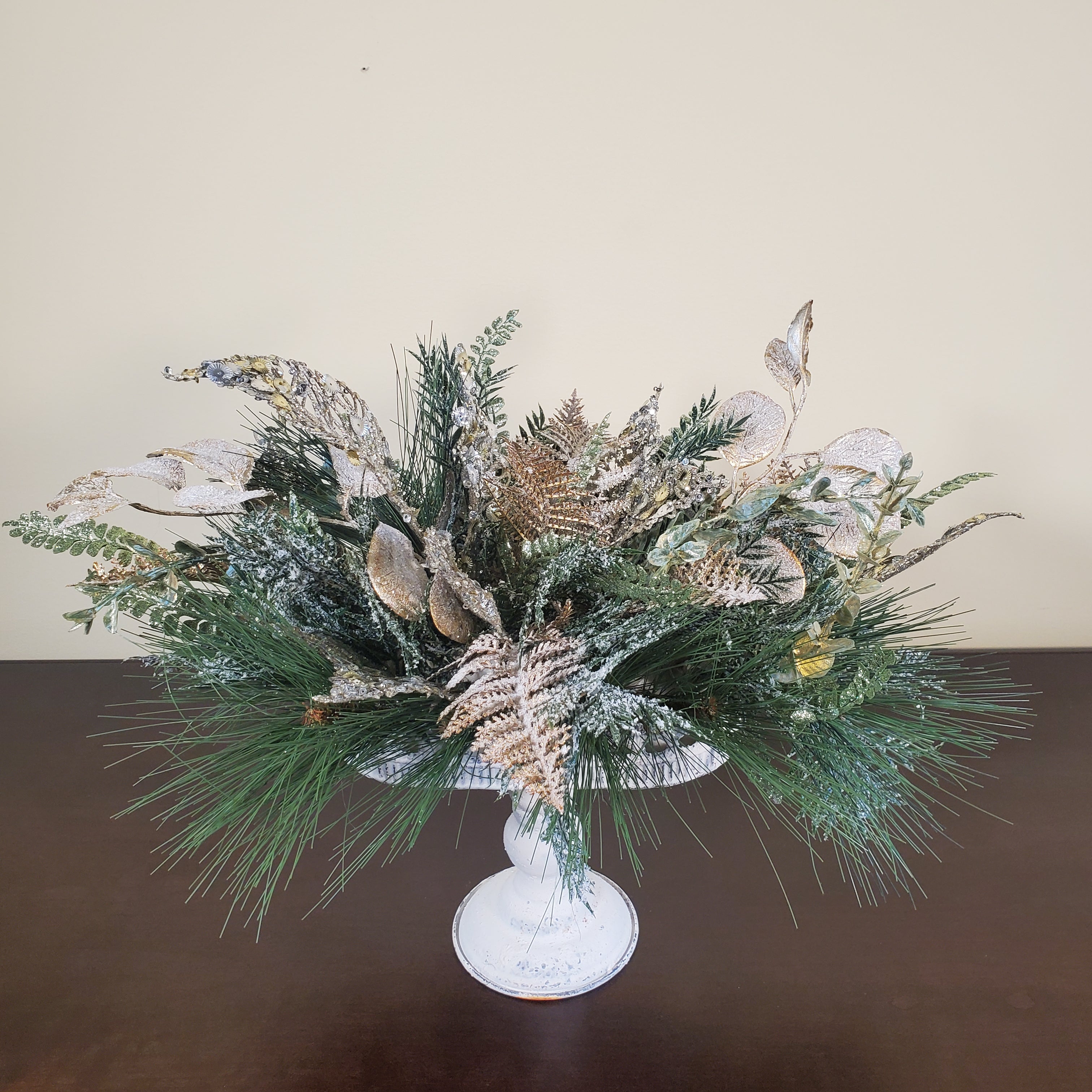Elegant Winter Greenery Arrangement with Gold Accents in White Pedestal Bowl