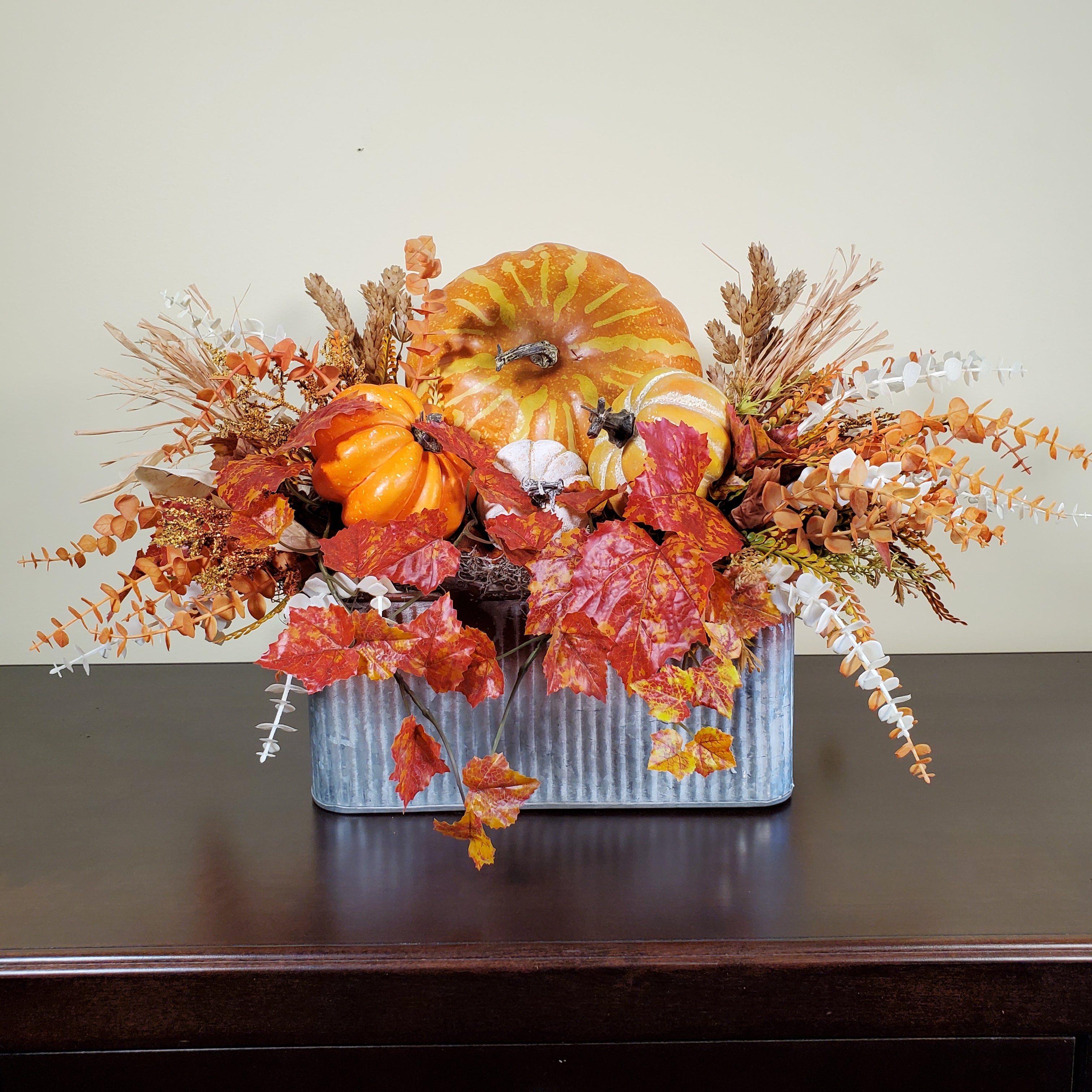 Fall Pumpkin Arrangement with Autumn Leaves, Wheat, and Seasonal Foliage in Rustic Metal Tin