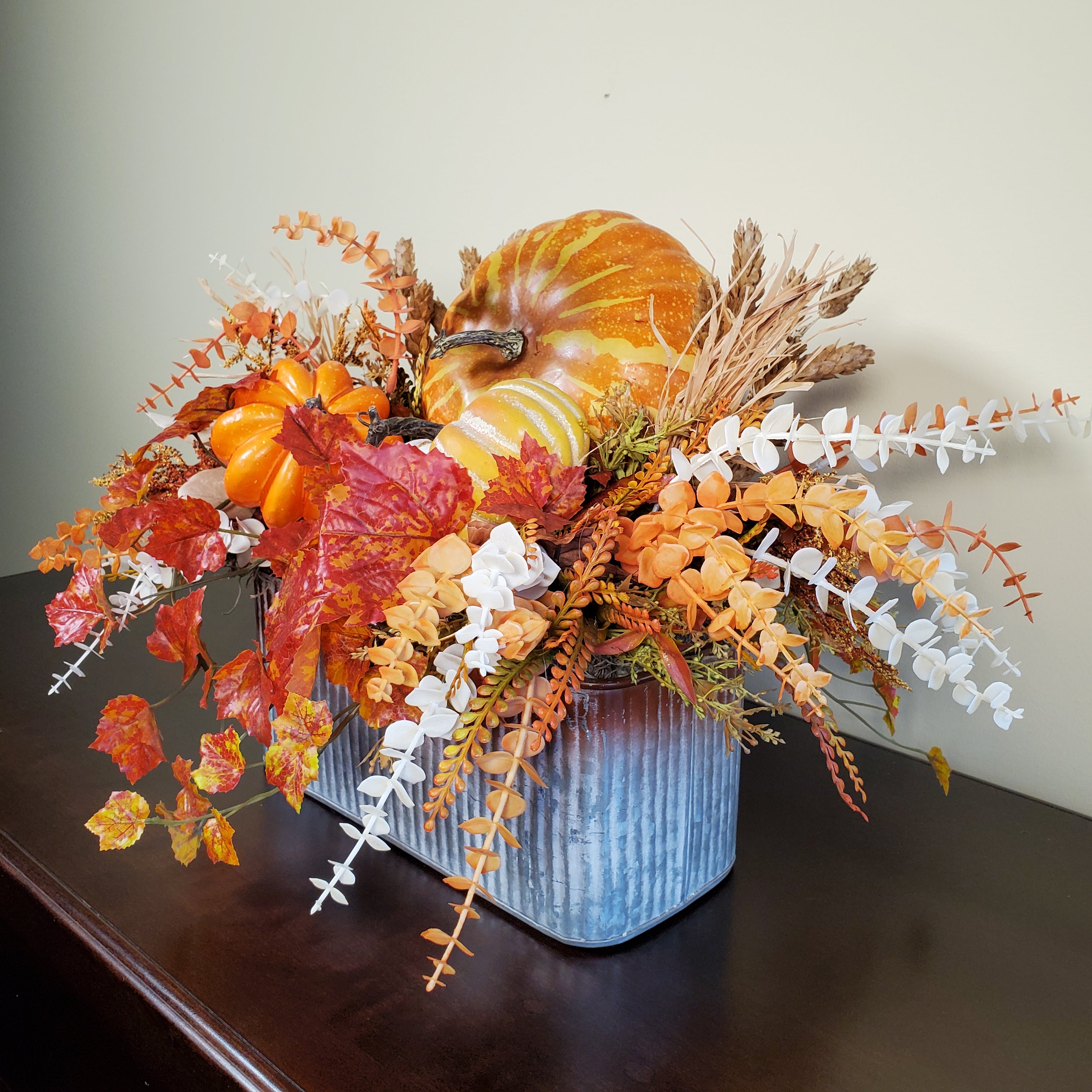 Fall Pumpkin Arrangement with Autumn Leaves, Wheat, and Seasonal Foliage in Rustic Metal Tin