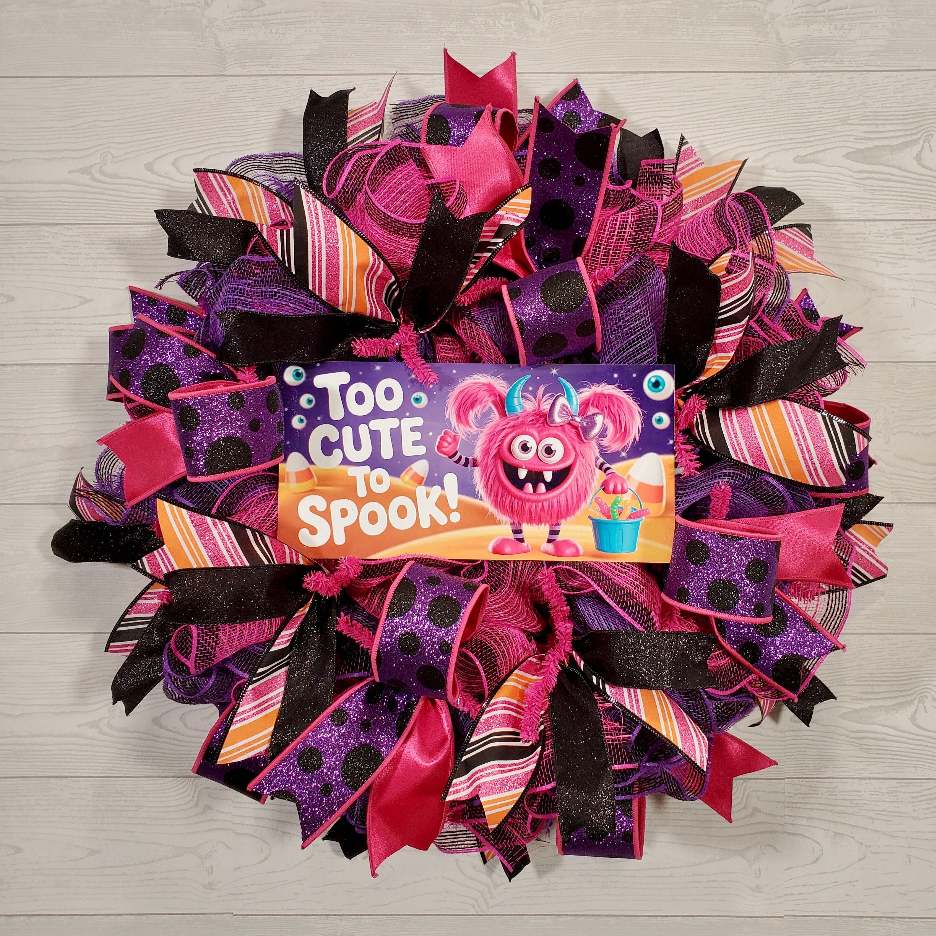 Too Cute to Spook Halloween Wreath with Pink Monster Sign, Sparkly Ribbon & Whimsical Colors